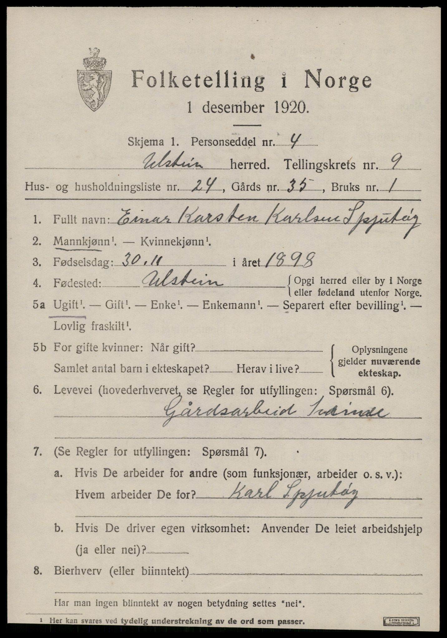 SAT, 1920 census for Ulstein, 1920, p. 5312