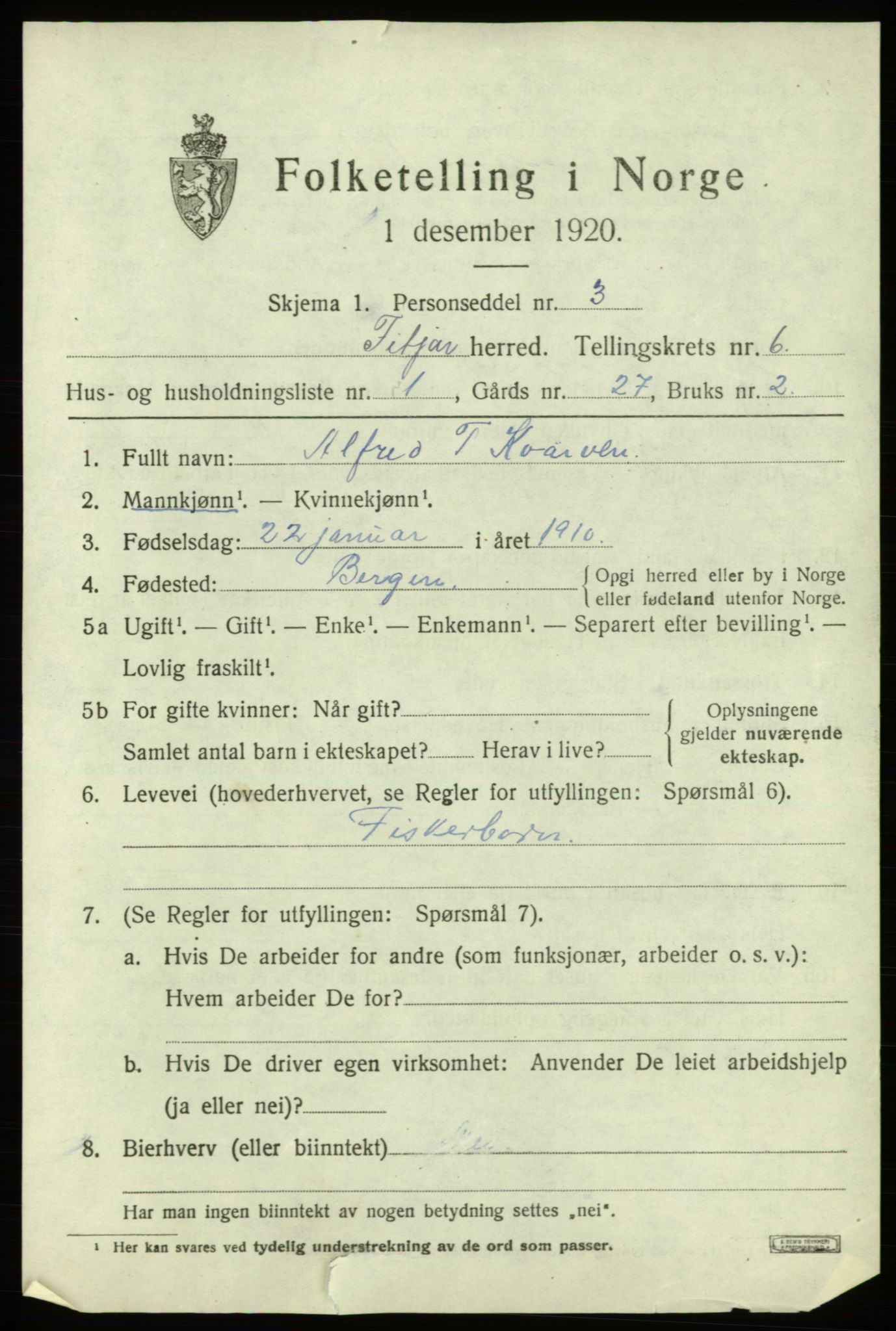 SAB, 1920 census for Fitjar, 1920, p. 2756