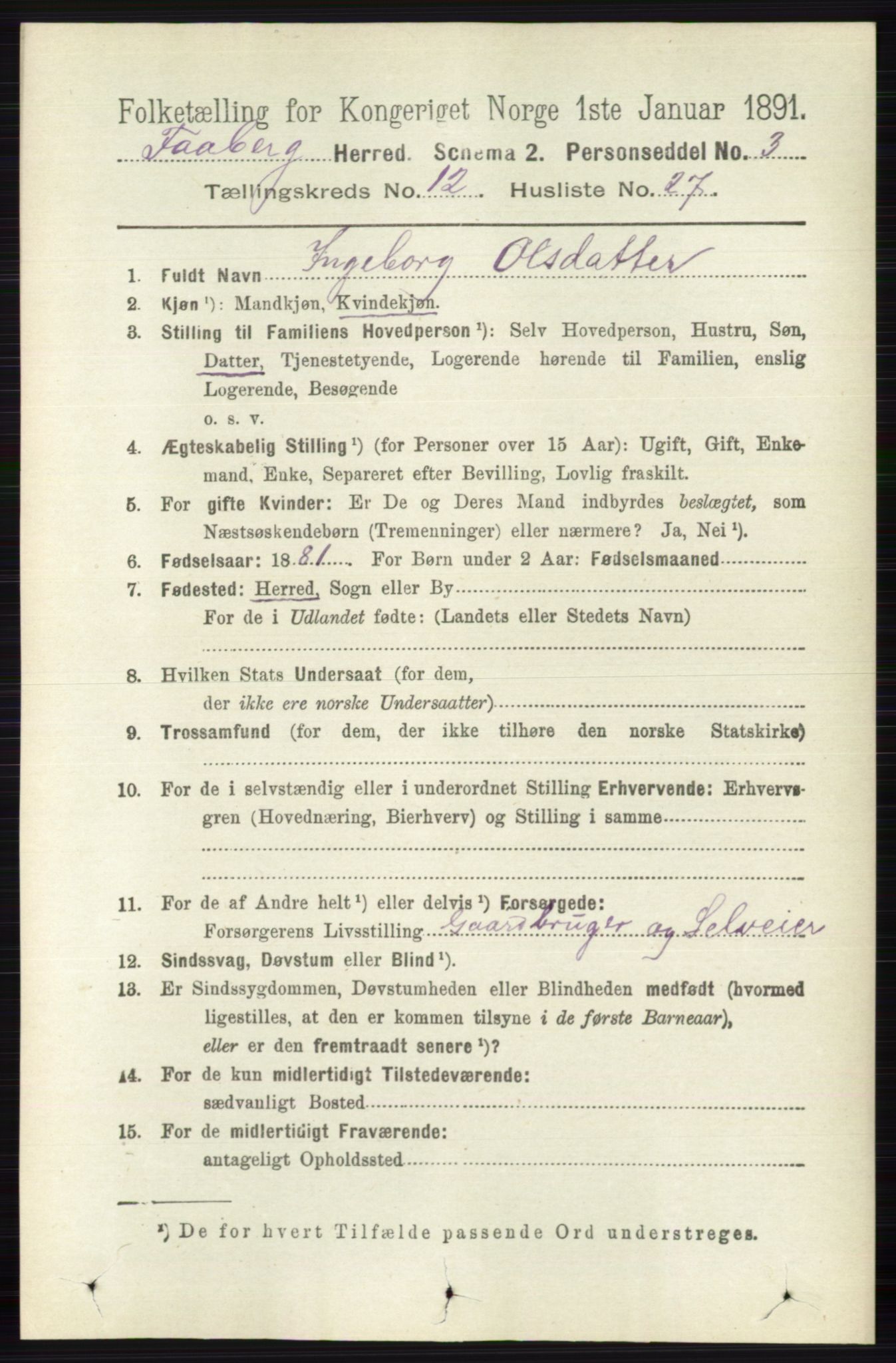 RA, 1891 census for 0524 Fåberg, 1891, p. 4907