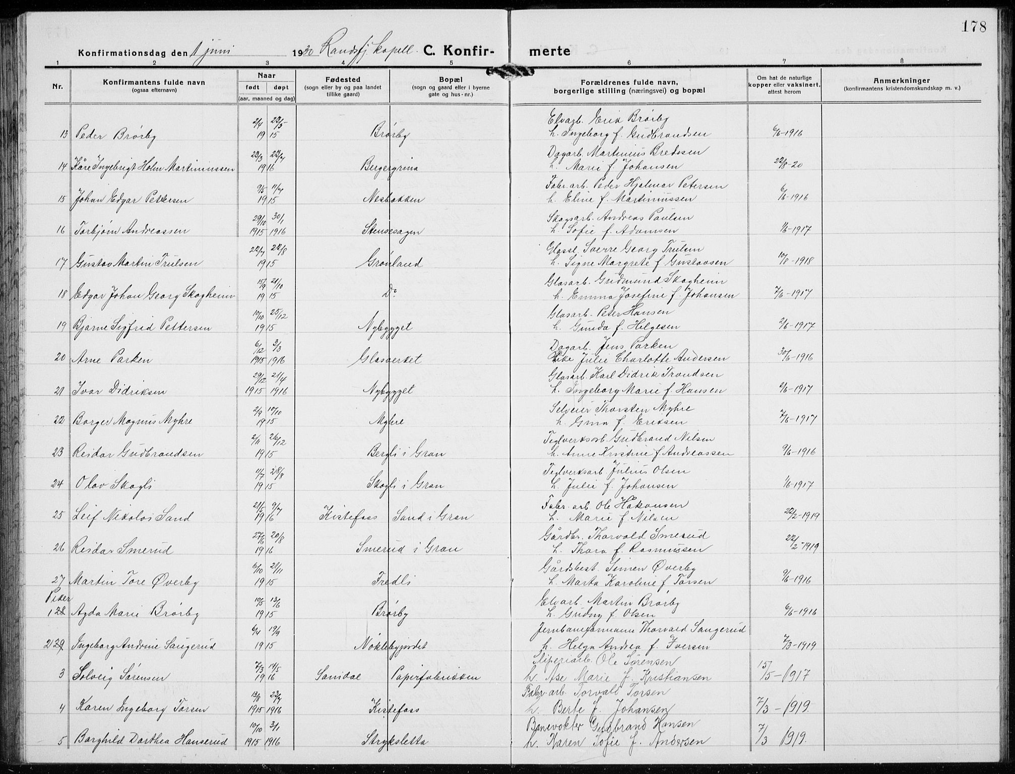 Jevnaker prestekontor, AV/SAH-PREST-116/H/Ha/Hab/L0005: Parish register (copy) no. 5, 1919-1934, p. 178