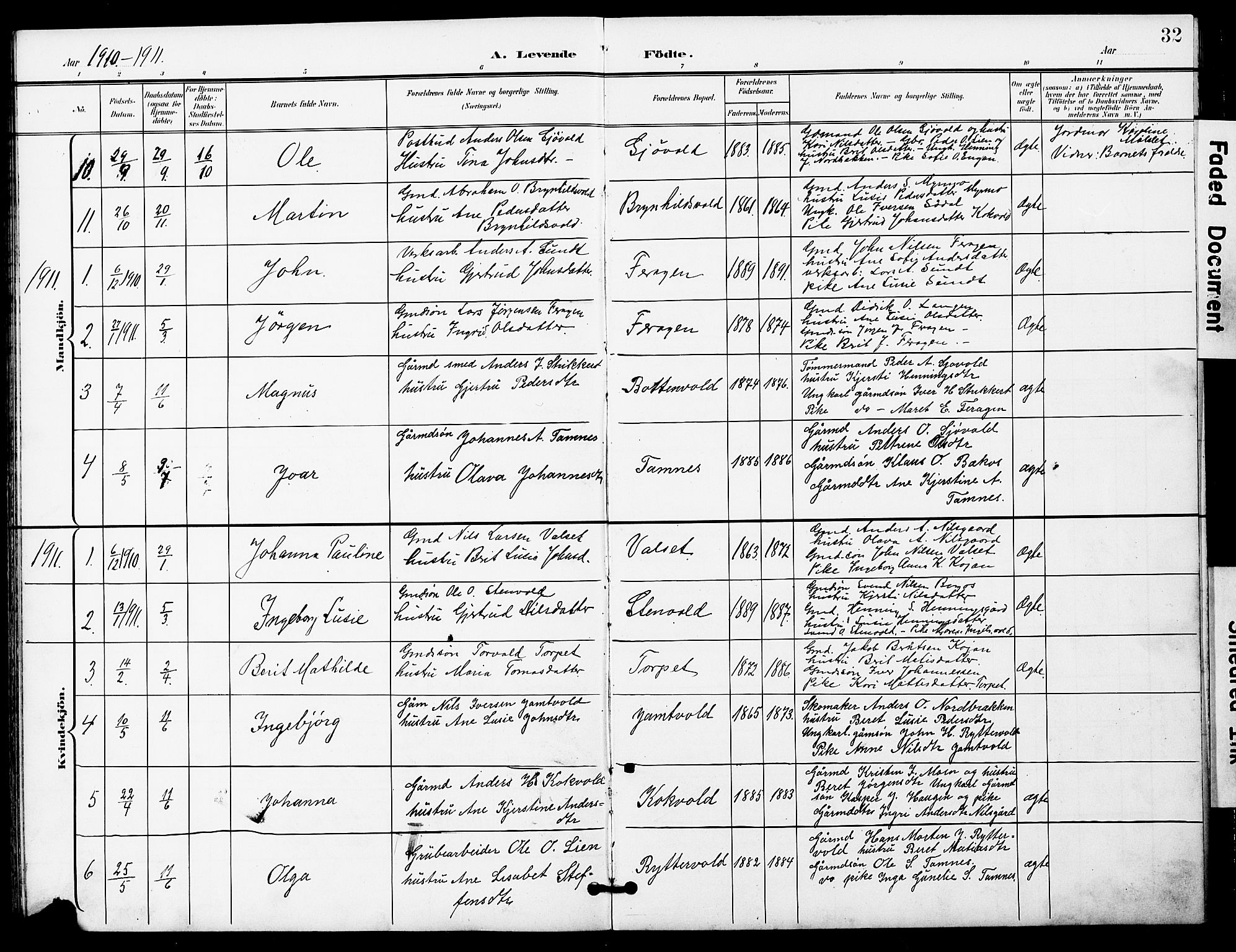 Ministerialprotokoller, klokkerbøker og fødselsregistre - Sør-Trøndelag, AV/SAT-A-1456/683/L0950: Parish register (copy) no. 683C02, 1897-1918, p. 32