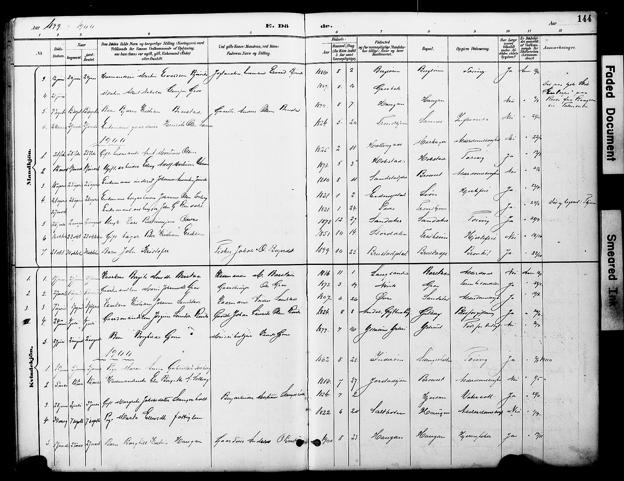 Ministerialprotokoller, klokkerbøker og fødselsregistre - Nord-Trøndelag, AV/SAT-A-1458/722/L0226: Parish register (copy) no. 722C02, 1889-1927, p. 144