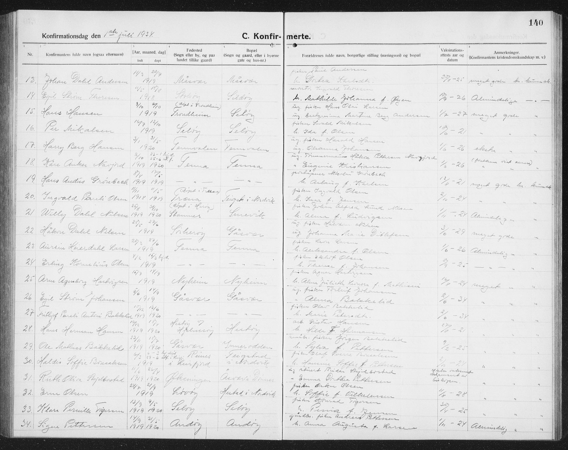 Ministerialprotokoller, klokkerbøker og fødselsregistre - Nordland, AV/SAT-A-1459/834/L0517: Parish register (copy) no. 834C07, 1919-1939, p. 140