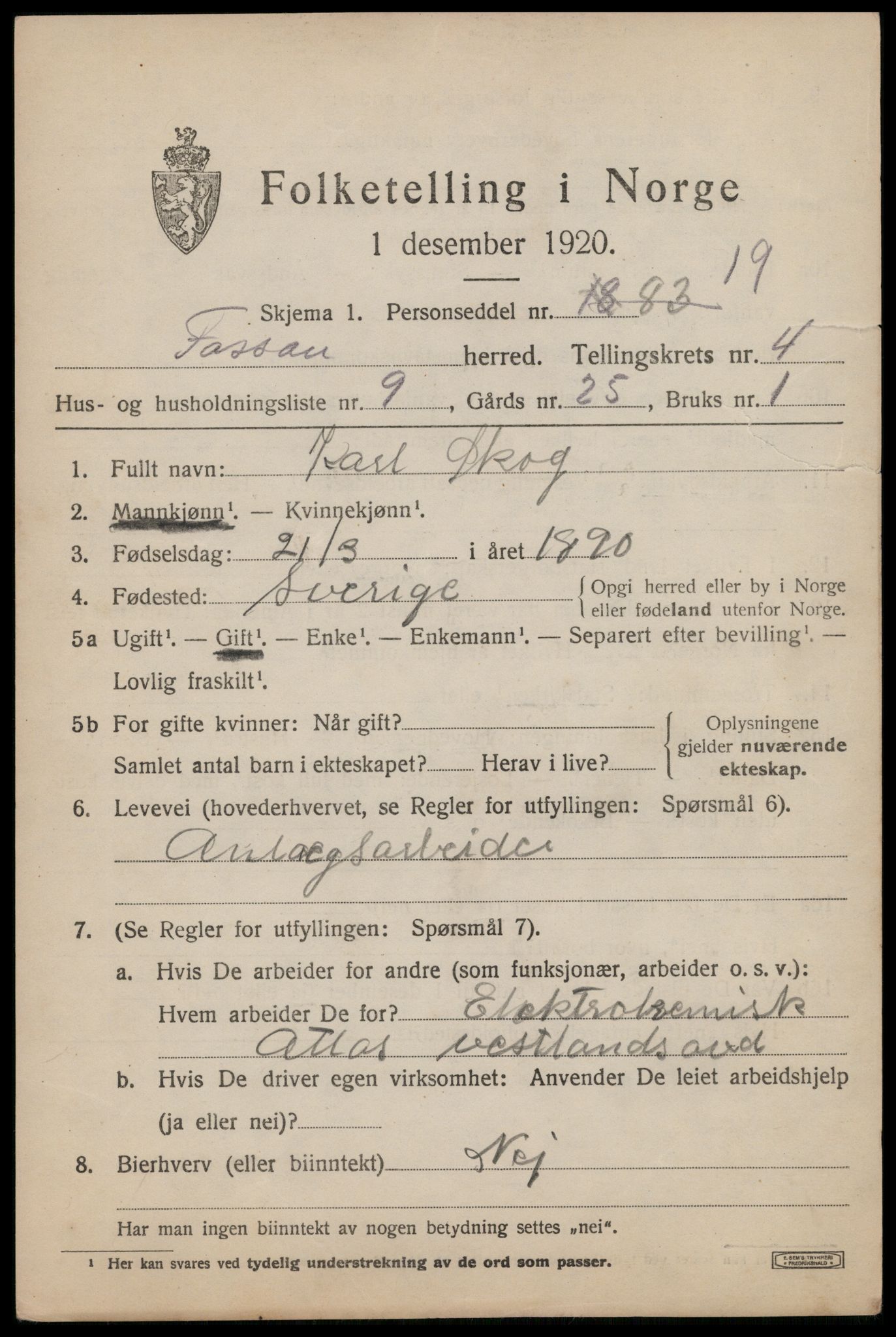 SAST, 1920 census for Forsand, 1920, p. 1781