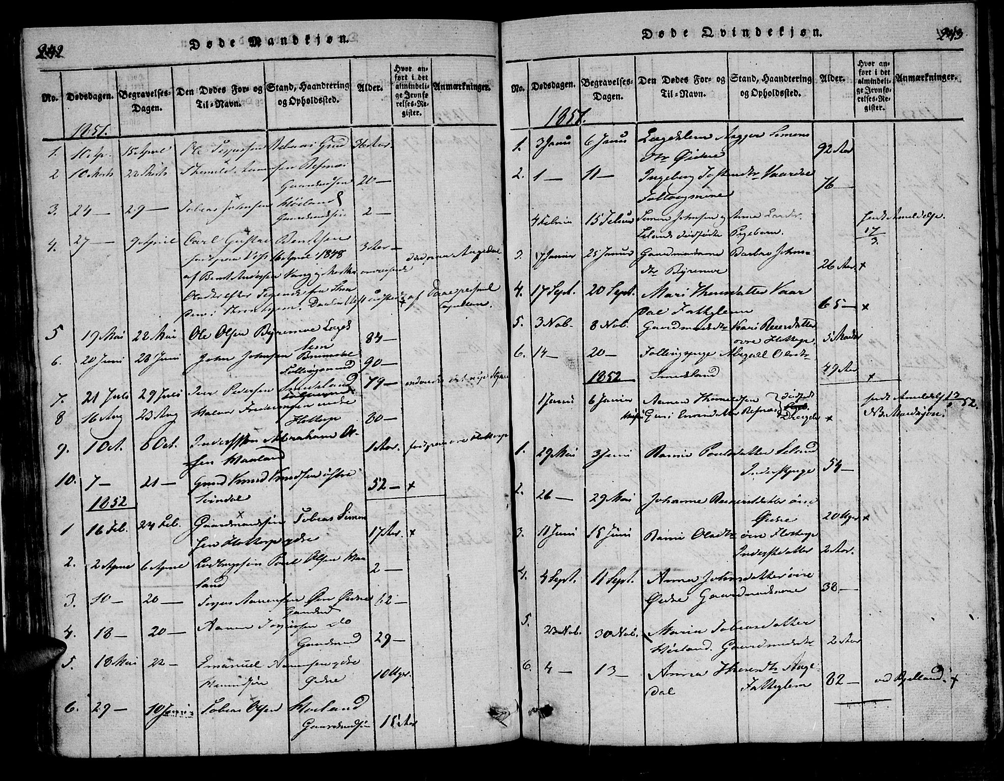 Bjelland sokneprestkontor, SAK/1111-0005/F/Fa/Fac/L0001: Parish register (official) no. A 1, 1815-1866, p. 242-243