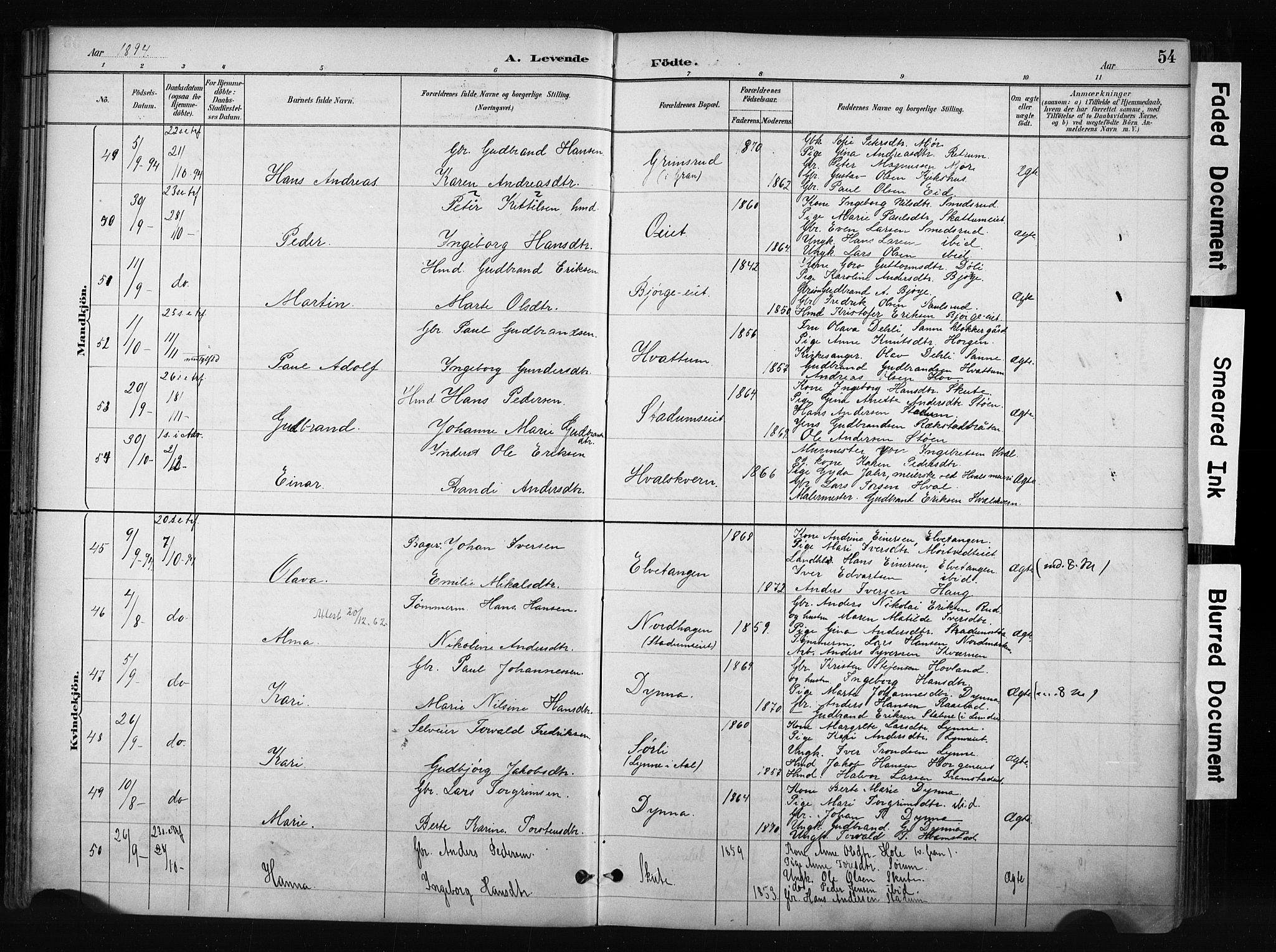 Gran prestekontor, SAH/PREST-112/H/Ha/Haa/L0017: Parish register (official) no. 17, 1889-1897, p. 54