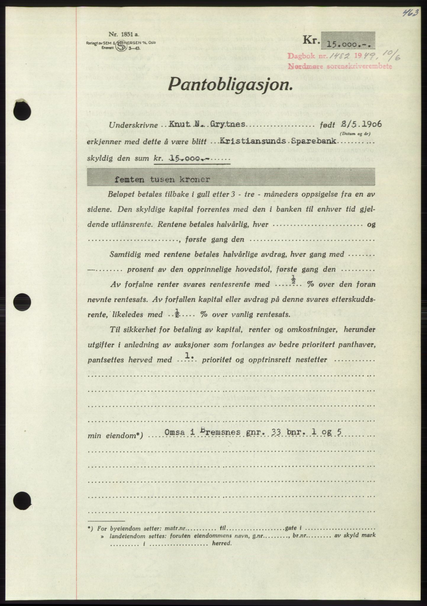 Nordmøre sorenskriveri, AV/SAT-A-4132/1/2/2Ca: Mortgage book no. B101, 1949-1949, Diary no: : 1482/1949