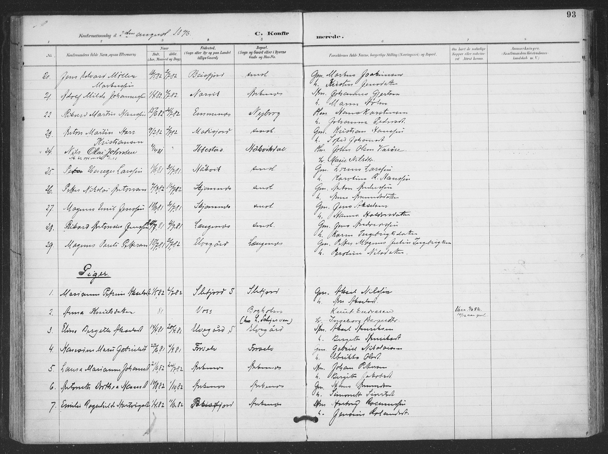 Ministerialprotokoller, klokkerbøker og fødselsregistre - Nordland, AV/SAT-A-1459/866/L0939: Parish register (official) no. 866A02, 1894-1906, p. 93