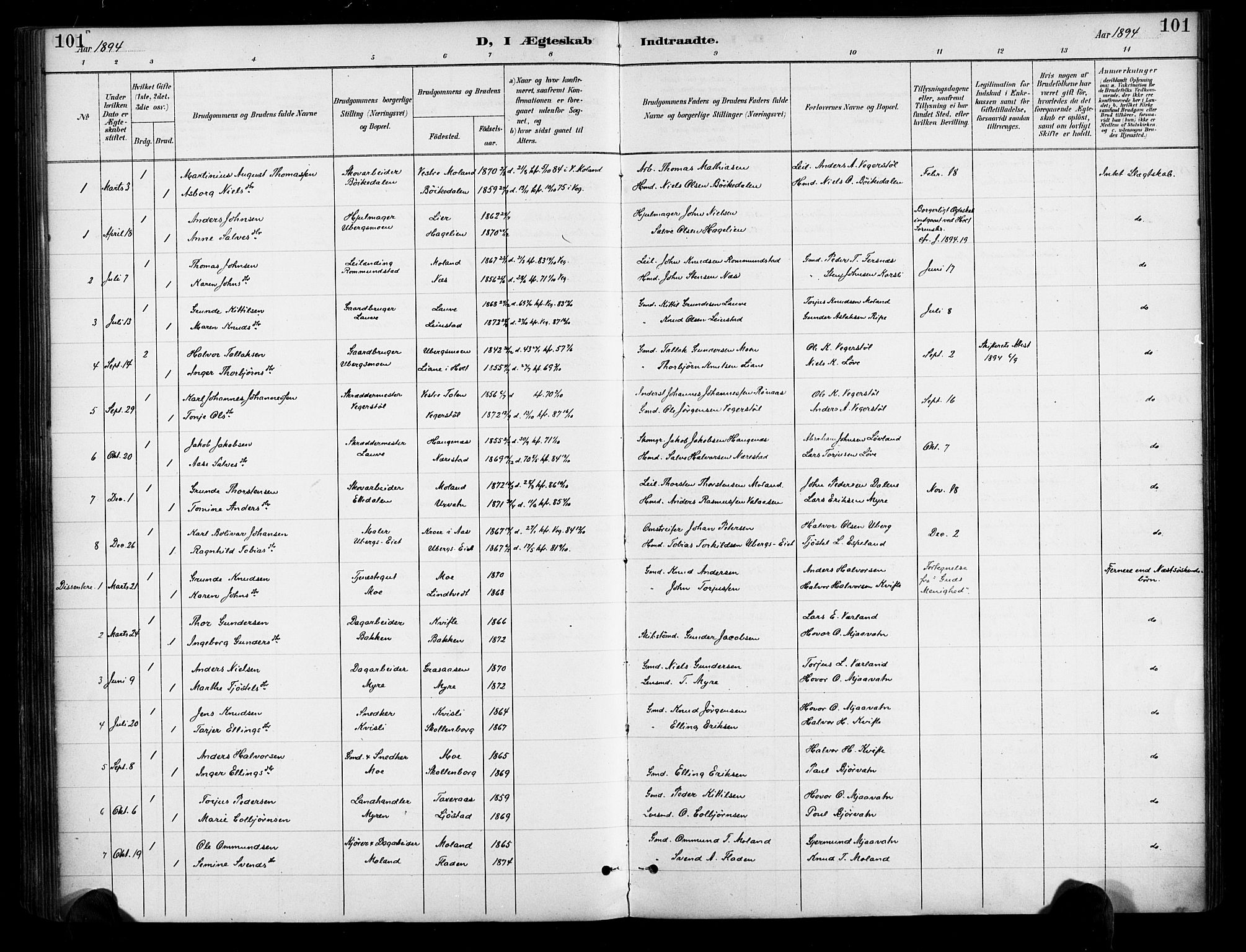 Gjerstad sokneprestkontor, AV/SAK-1111-0014/F/Fa/Fab/L0005: Parish register (official) no. A 5, 1891-1908, p. 101