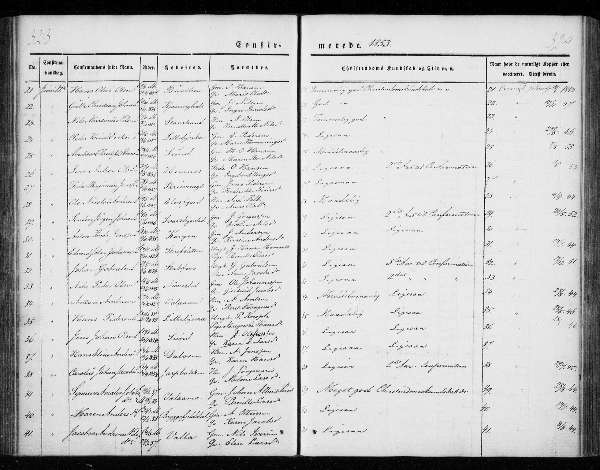 Ministerialprotokoller, klokkerbøker og fødselsregistre - Nordland, AV/SAT-A-1459/825/L0355: Parish register (official) no. 825A09, 1842-1863, p. 323-324