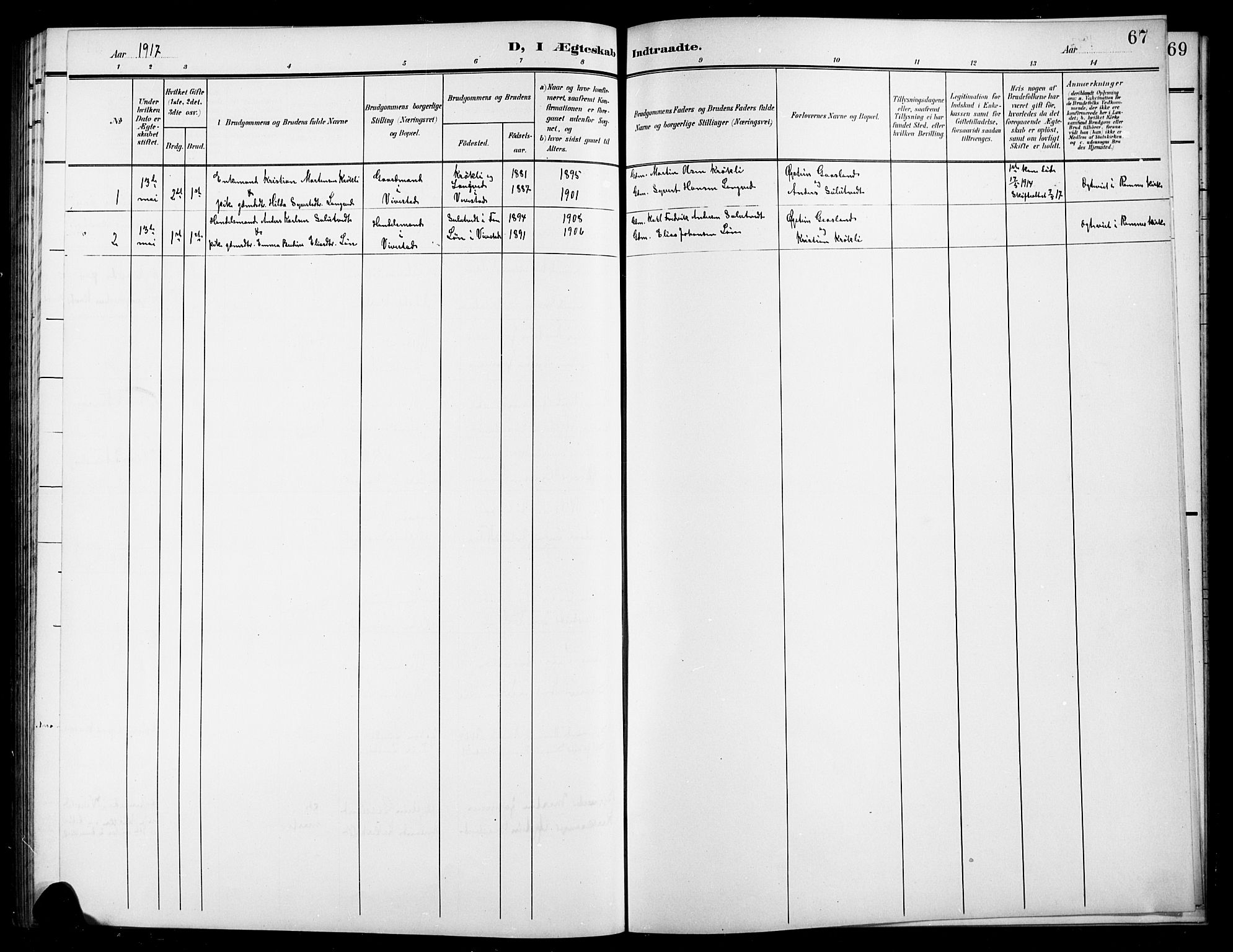 Ramnes kirkebøker, SAKO/A-314/G/Gc/L0002: Parish register (copy) no. III 2, 1903-1924, p. 67