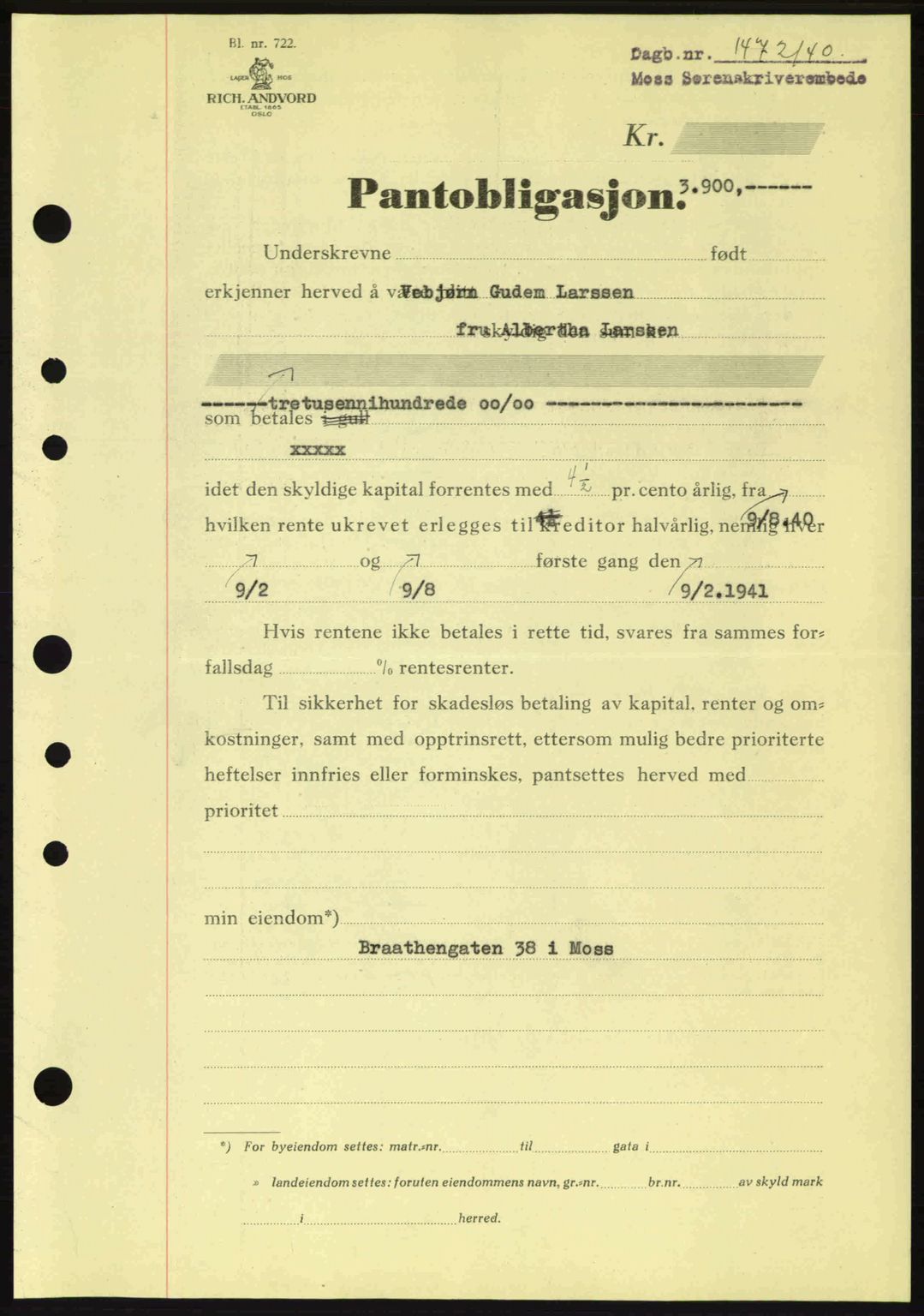 Moss sorenskriveri, SAO/A-10168: Mortgage book no. B10, 1940-1941, Diary no: : 1472/1940
