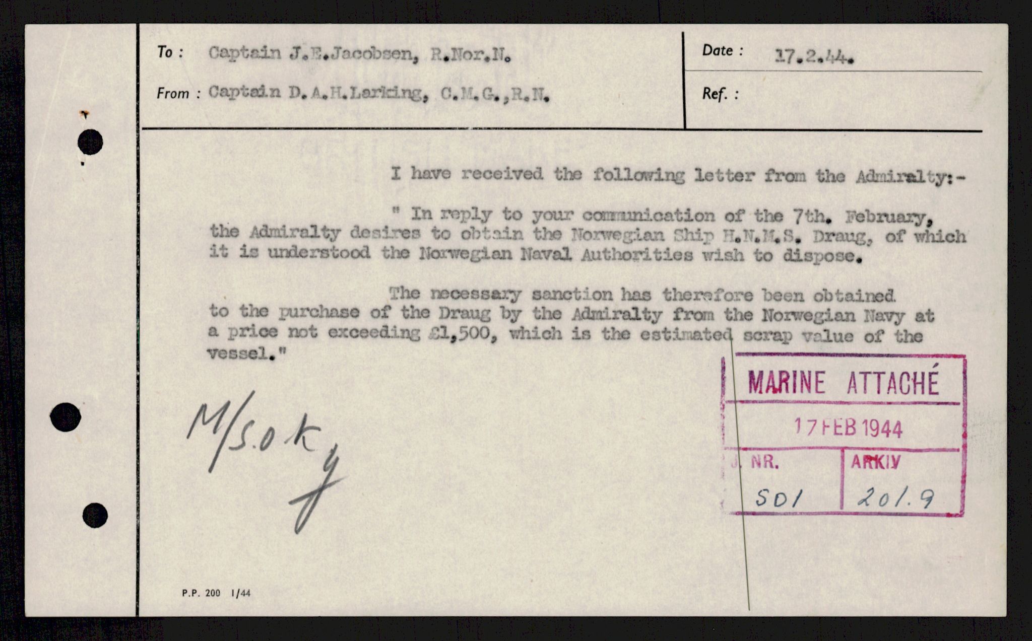 Forsvaret, Sjøforsvarets overkommando, AV/RA-RAFA-2035/D/Dc/L0193: --, 1940-1951, p. 990