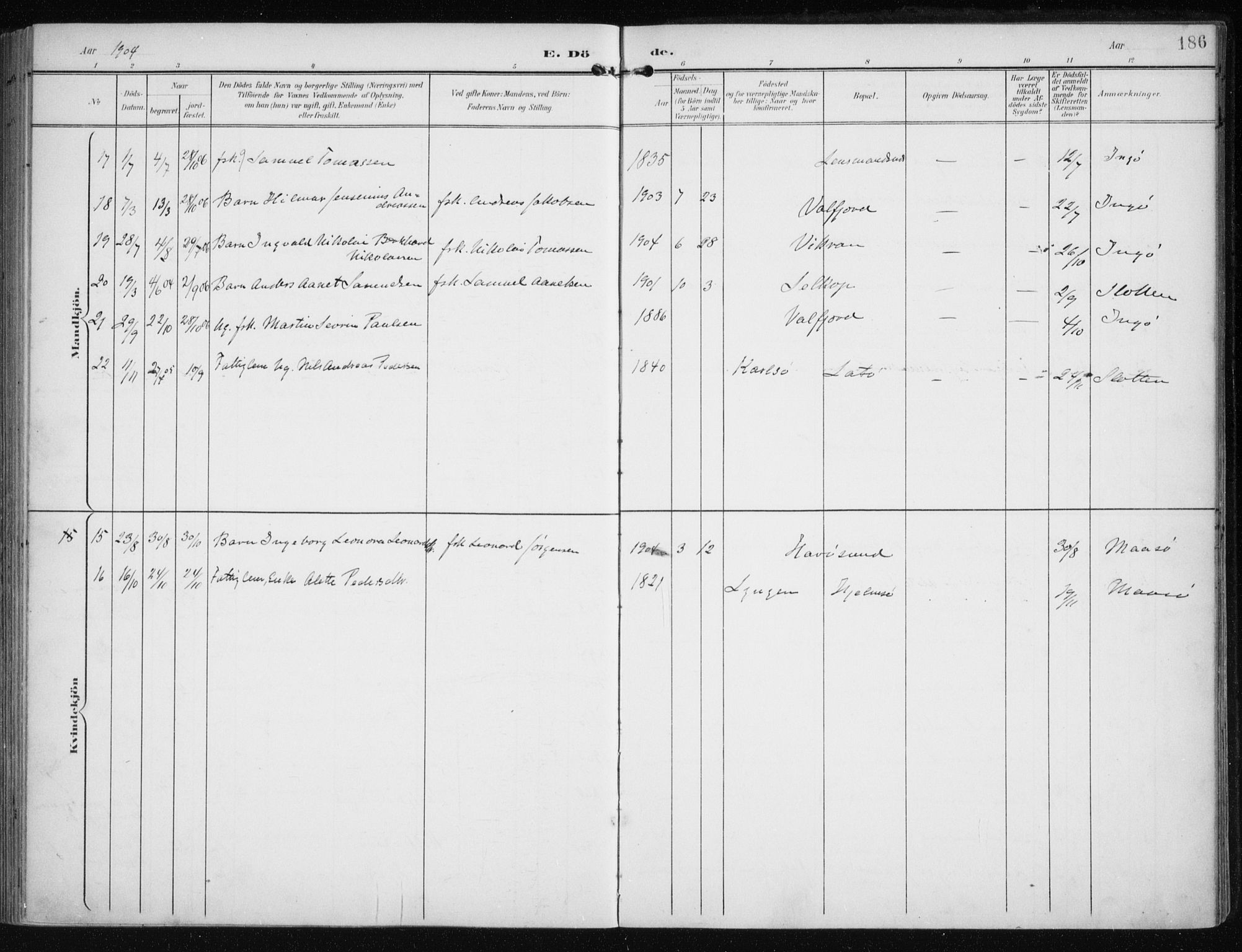 Måsøy sokneprestkontor, AV/SATØ-S-1348/H/Ha/L0009kirke: Parish register (official) no. 9, 1903-1914, p. 186