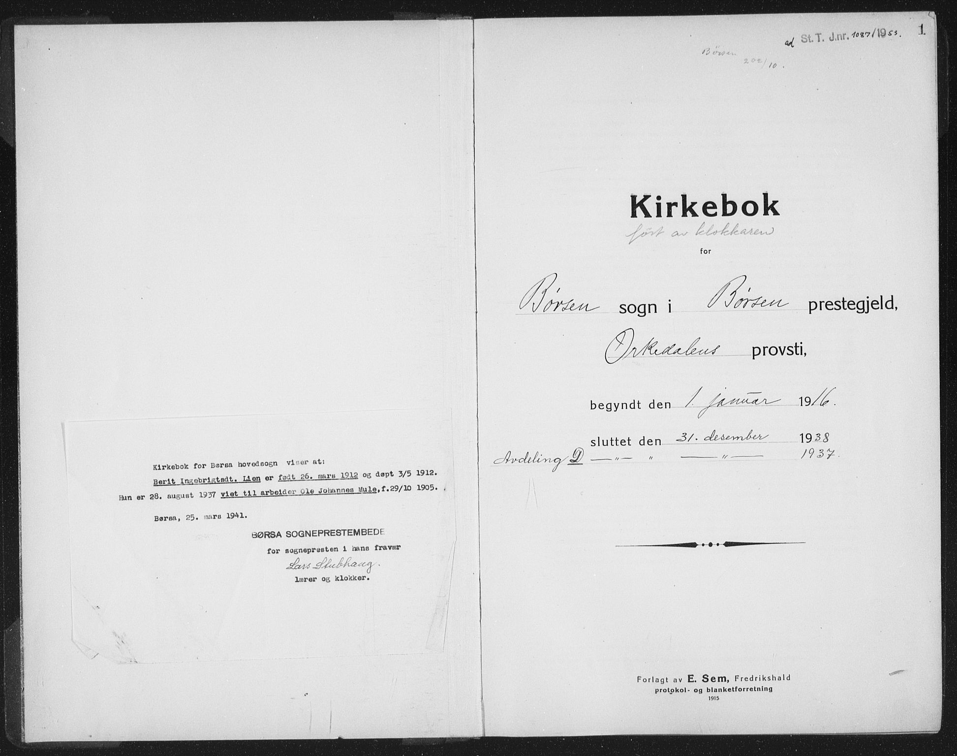 Ministerialprotokoller, klokkerbøker og fødselsregistre - Sør-Trøndelag, SAT/A-1456/665/L0778: Parish register (copy) no. 665C03, 1916-1938, p. 1