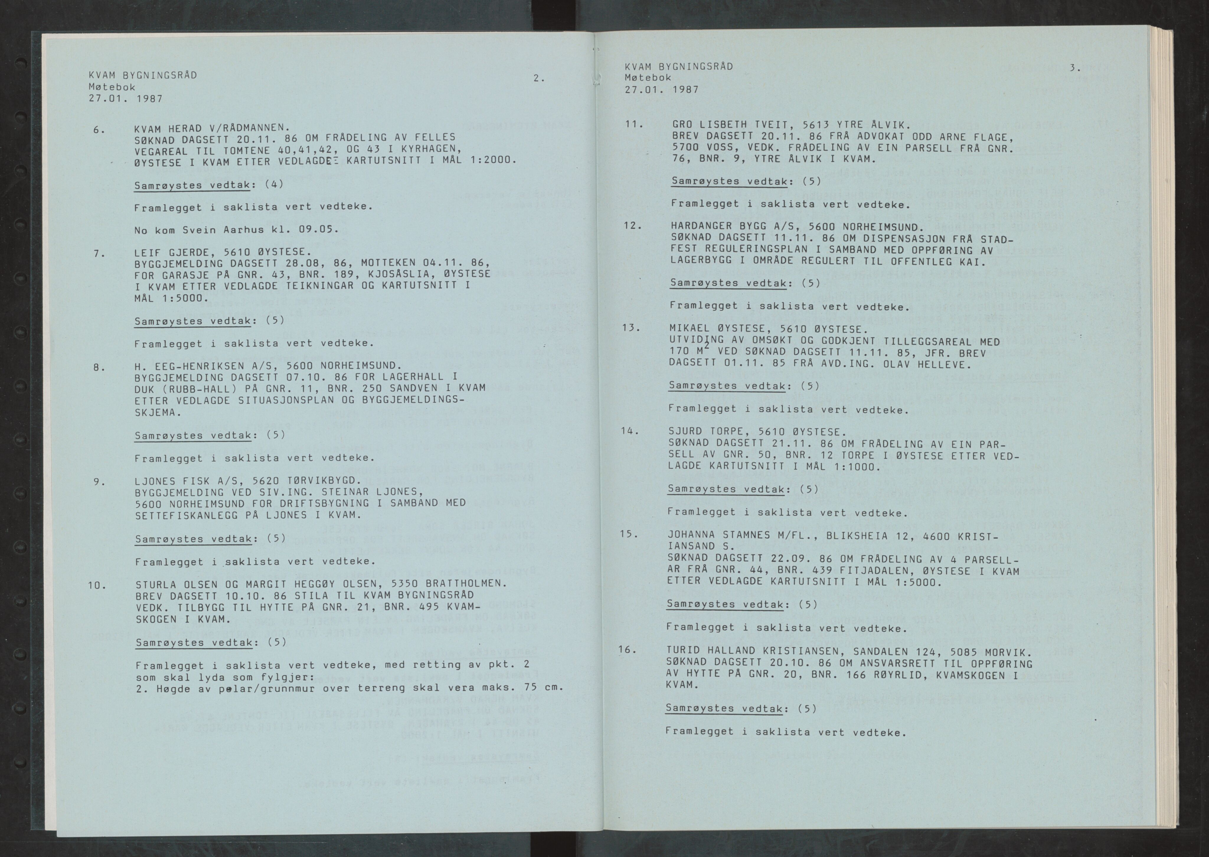 Kvam herad. Bygningsrådet, IKAH/1238-511/A/Ab/L0154: Utskrift av møtebok for Kvam bygningsråd, 1987