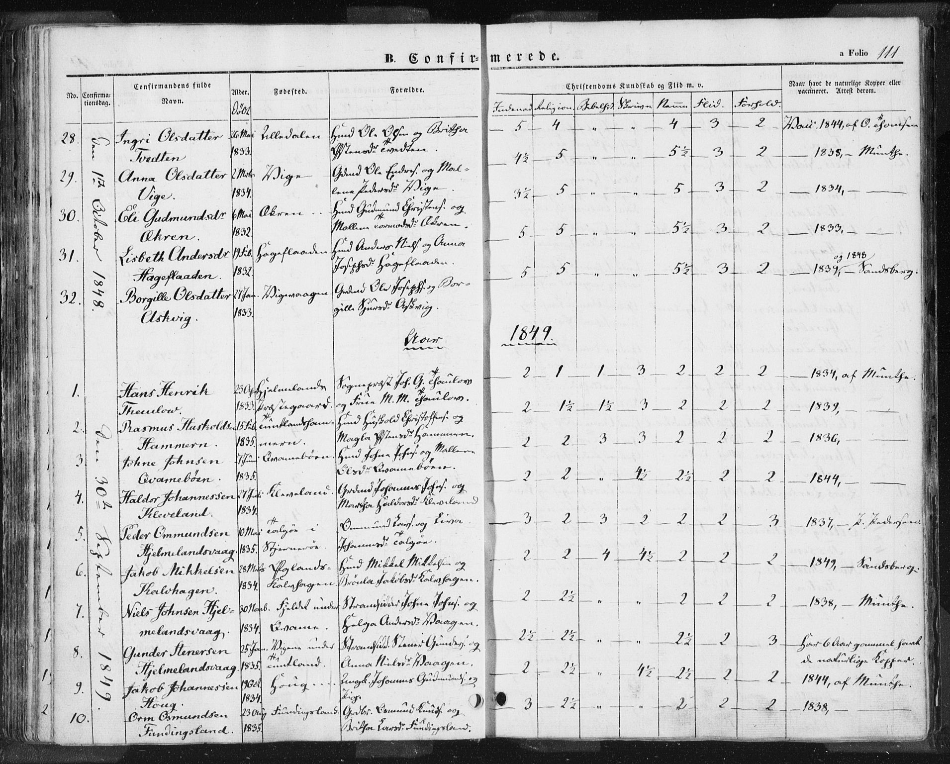 Hjelmeland sokneprestkontor, AV/SAST-A-101843/01/IV/L0009: Parish register (official) no. A 9, 1846-1860, p. 111