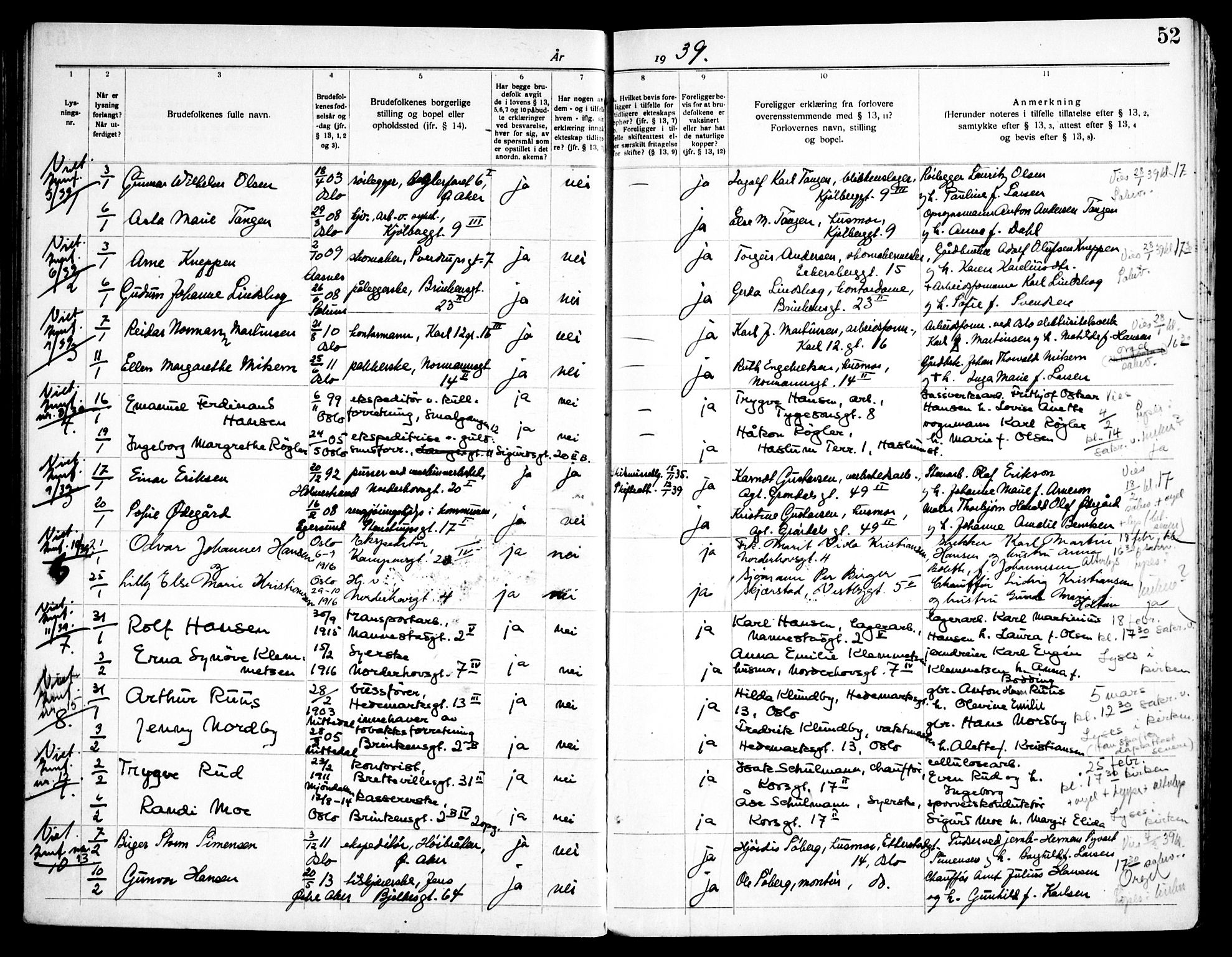 Kampen prestekontor Kirkebøker, SAO/A-10853/H/Ha/L0007: Banns register no. 7, 1935-1946, p. 52