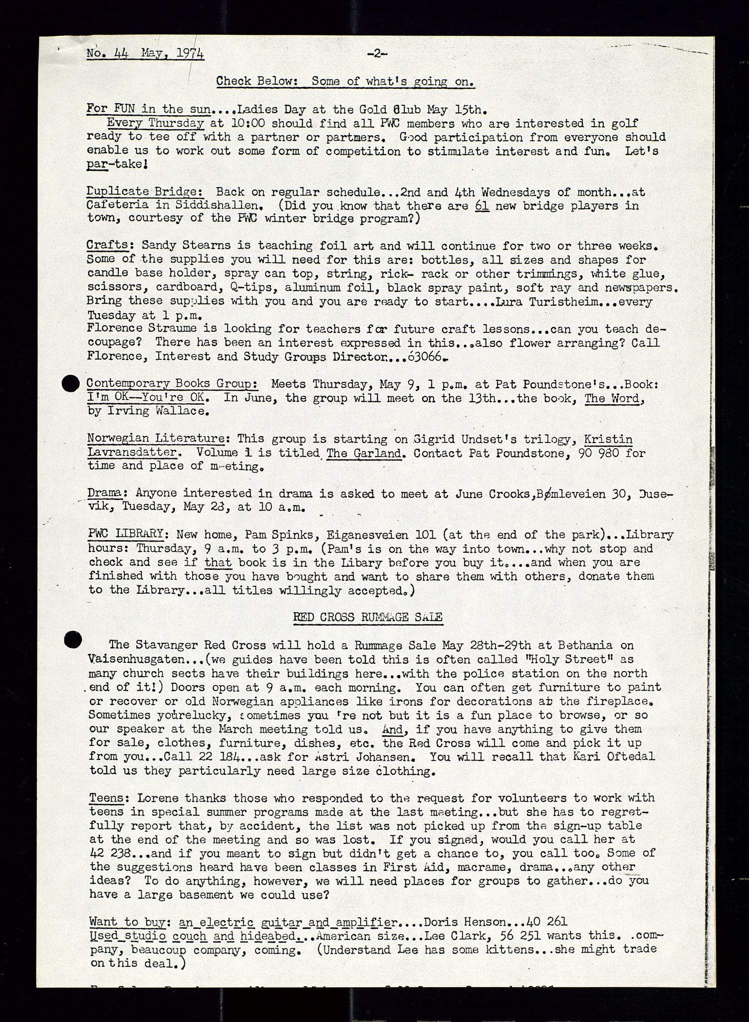 PA 1547 - Petroleum Wives Club, AV/SAST-A-101974/X/Xa/L0001: Newsletters (1971-1978)/radiointervjuer på kasett (1989-1992), 1970-1978