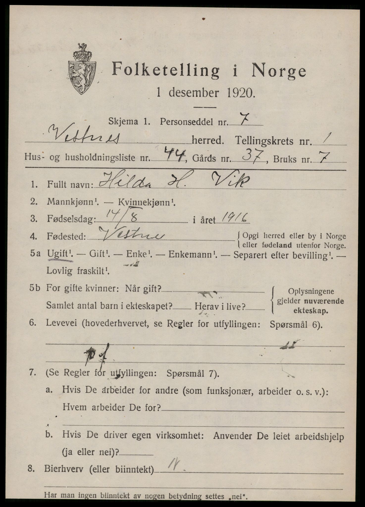 SAT, 1920 census for Vestnes, 1920, p. 1759