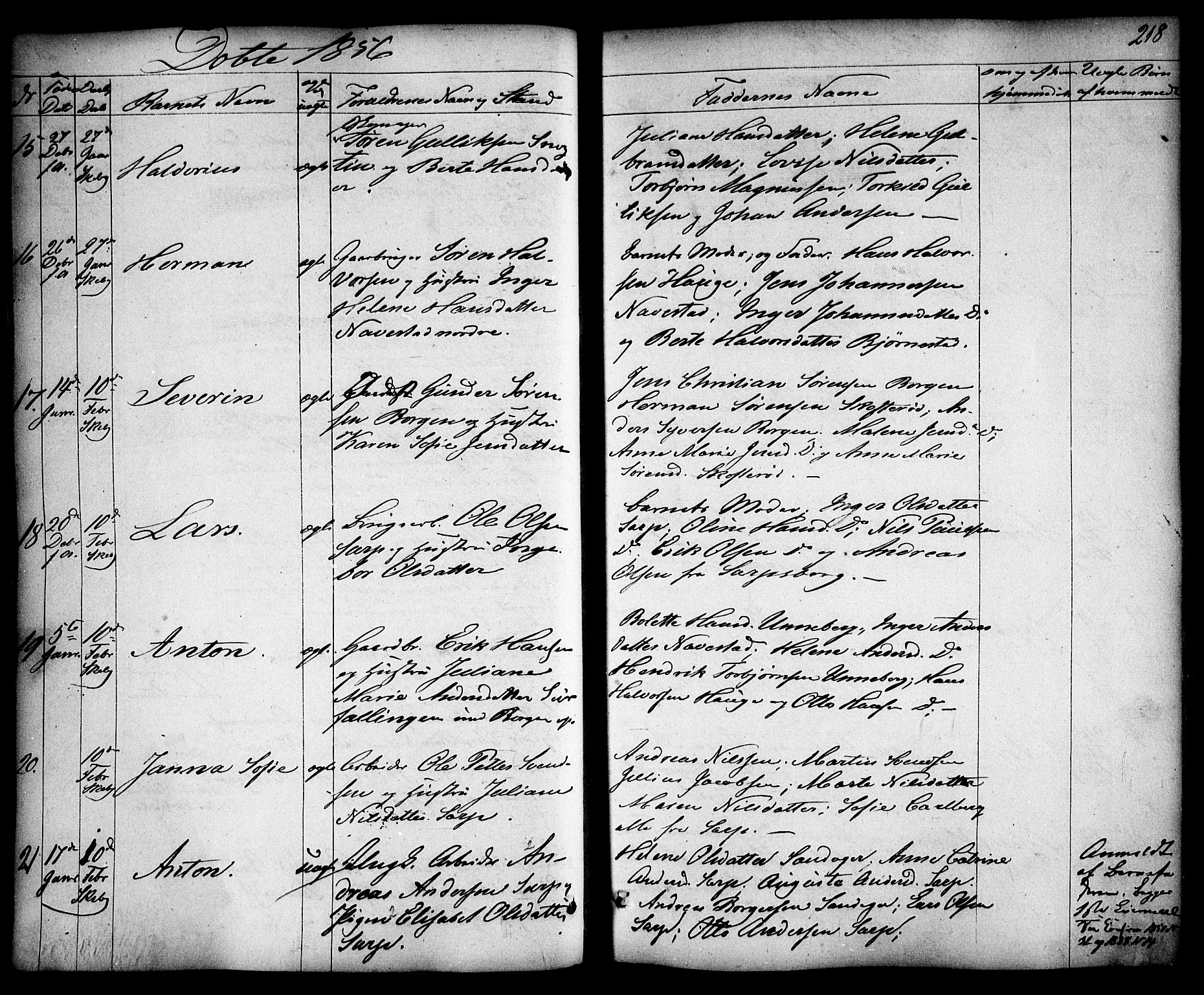Skjeberg prestekontor Kirkebøker, AV/SAO-A-10923/F/Fa/L0006: Parish register (official) no. I 6, 1846-1858, p. 218