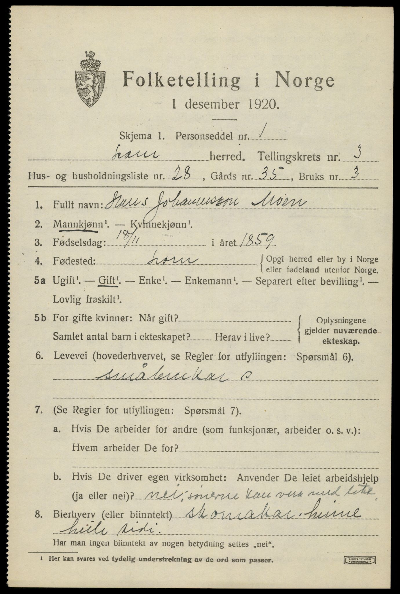 SAH, 1920 census for Lom, 1920, p. 2316