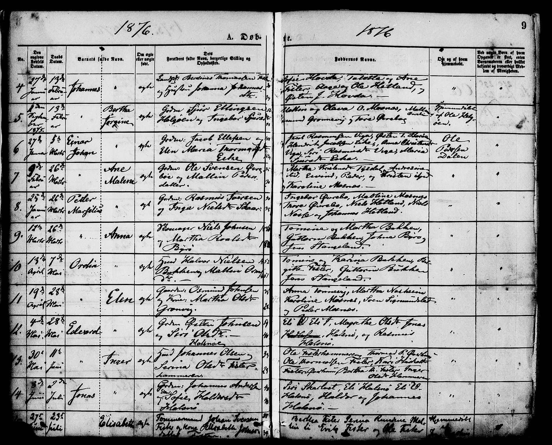 Hjelmeland sokneprestkontor, AV/SAST-A-101843/01/IV/L0013: Parish register (official) no. A 13, 1872-1886, p. 9