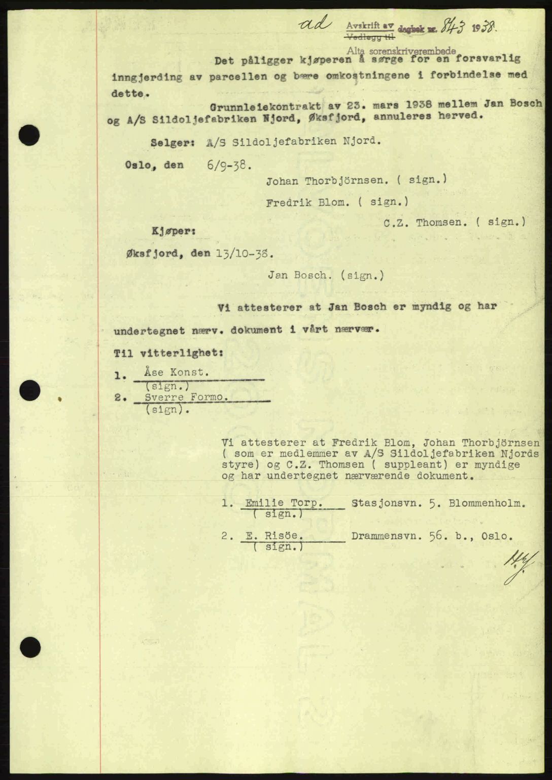 Alta fogderi/sorenskriveri, SATØ/SATØ-5/1/K/Kd/L0031pantebok: Mortgage book no. 31, 1938-1939, Diary no: : 843/1938