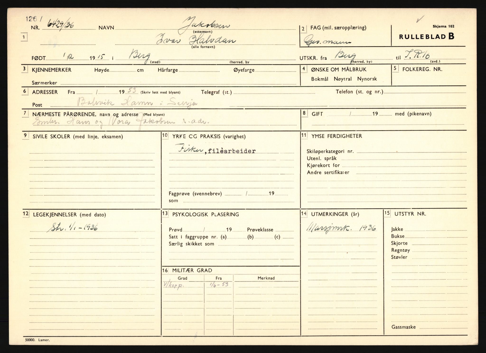 Forsvaret, Troms infanteriregiment nr. 16, AV/RA-RAFA-3146/P/Pa/L0020: Rulleblad for regimentets menige mannskaper, årsklasse 1936, 1936, p. 531