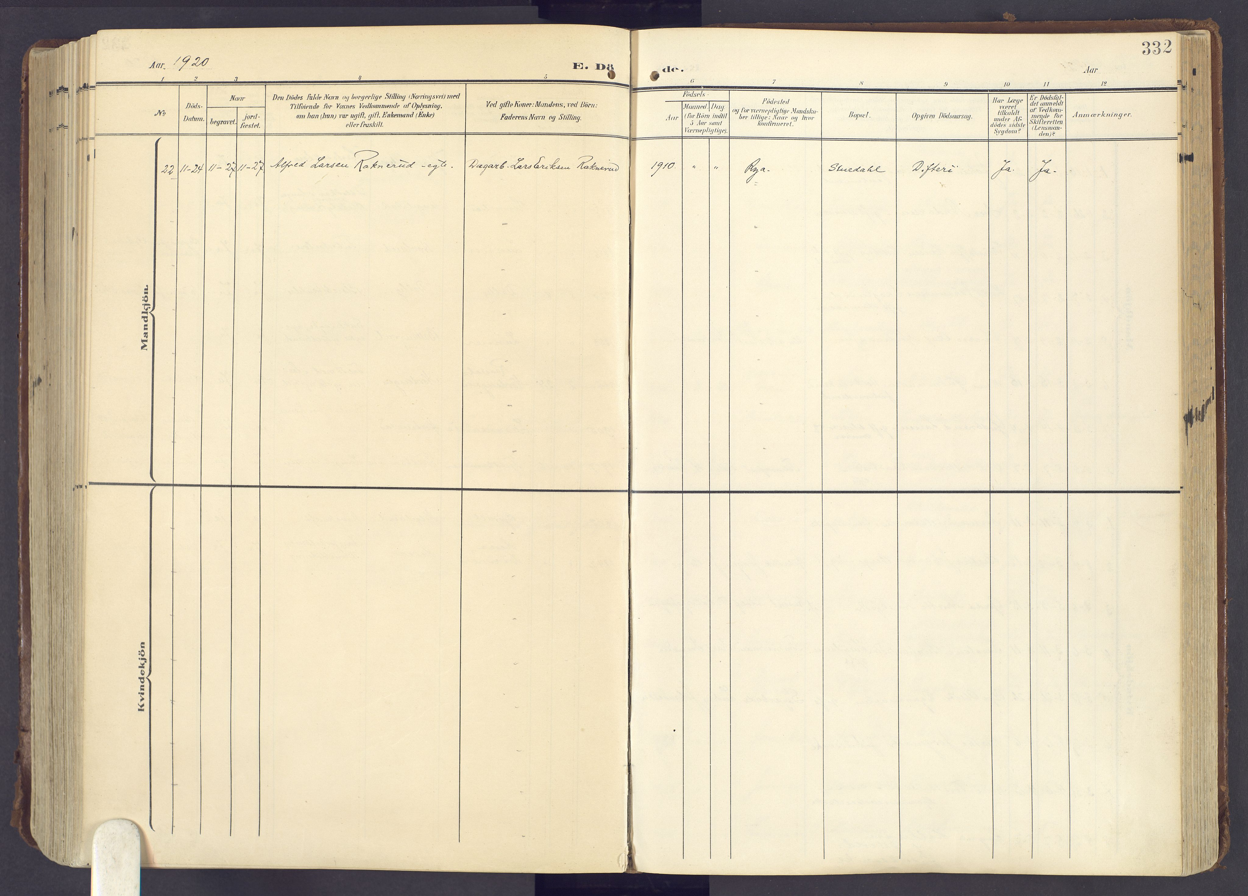 Lunner prestekontor, SAH/PREST-118/H/Ha/Haa/L0001: Parish register (official) no. 1, 1907-1922, p. 332