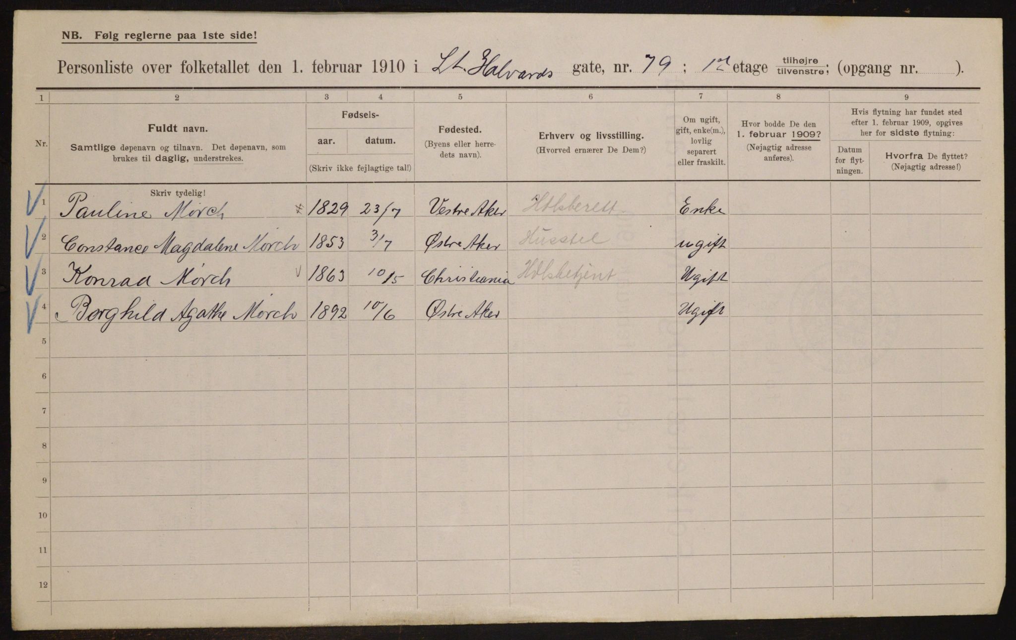 OBA, Municipal Census 1910 for Kristiania, 1910, p. 84037