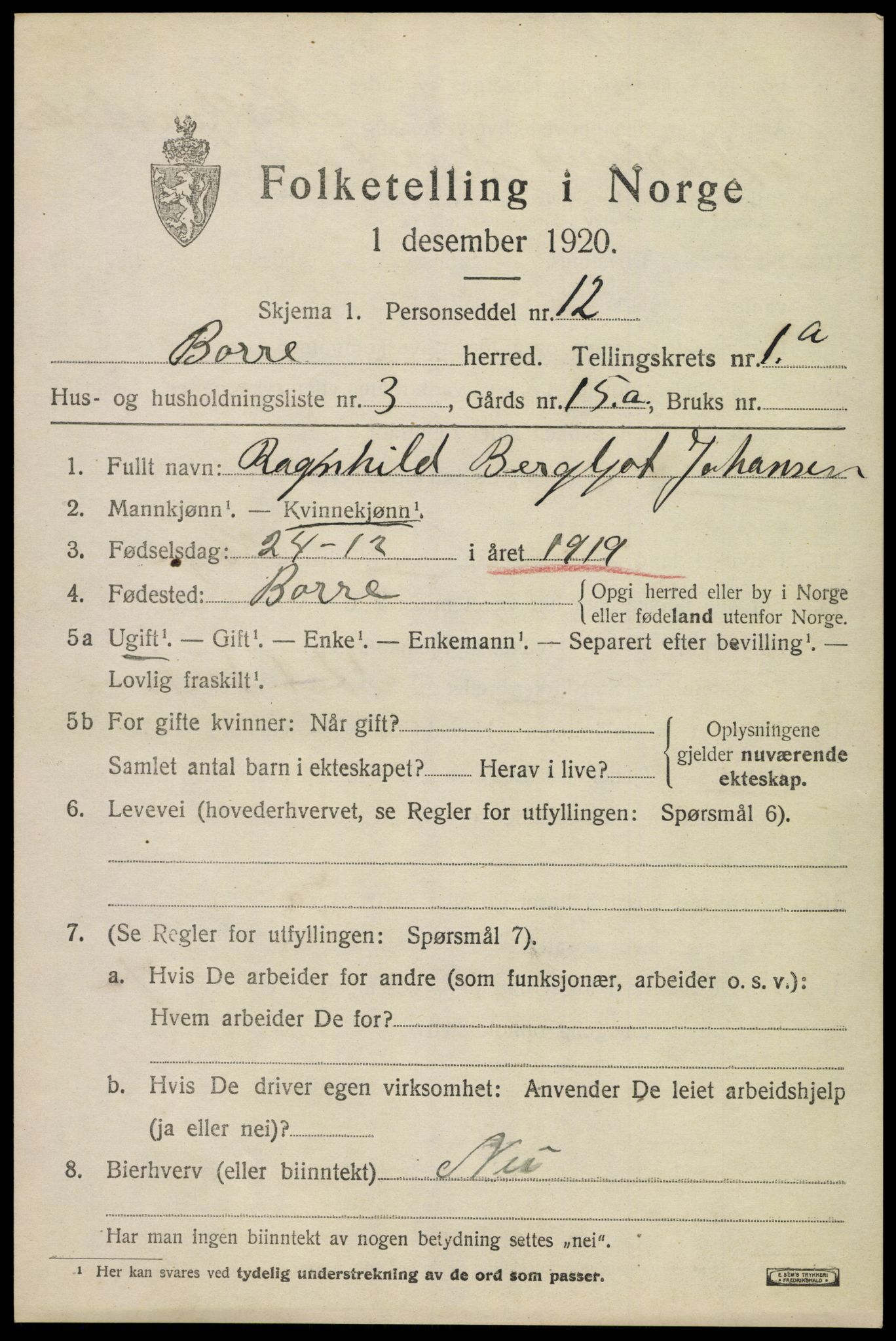 SAKO, 1920 census for Borre, 1920, p. 1430