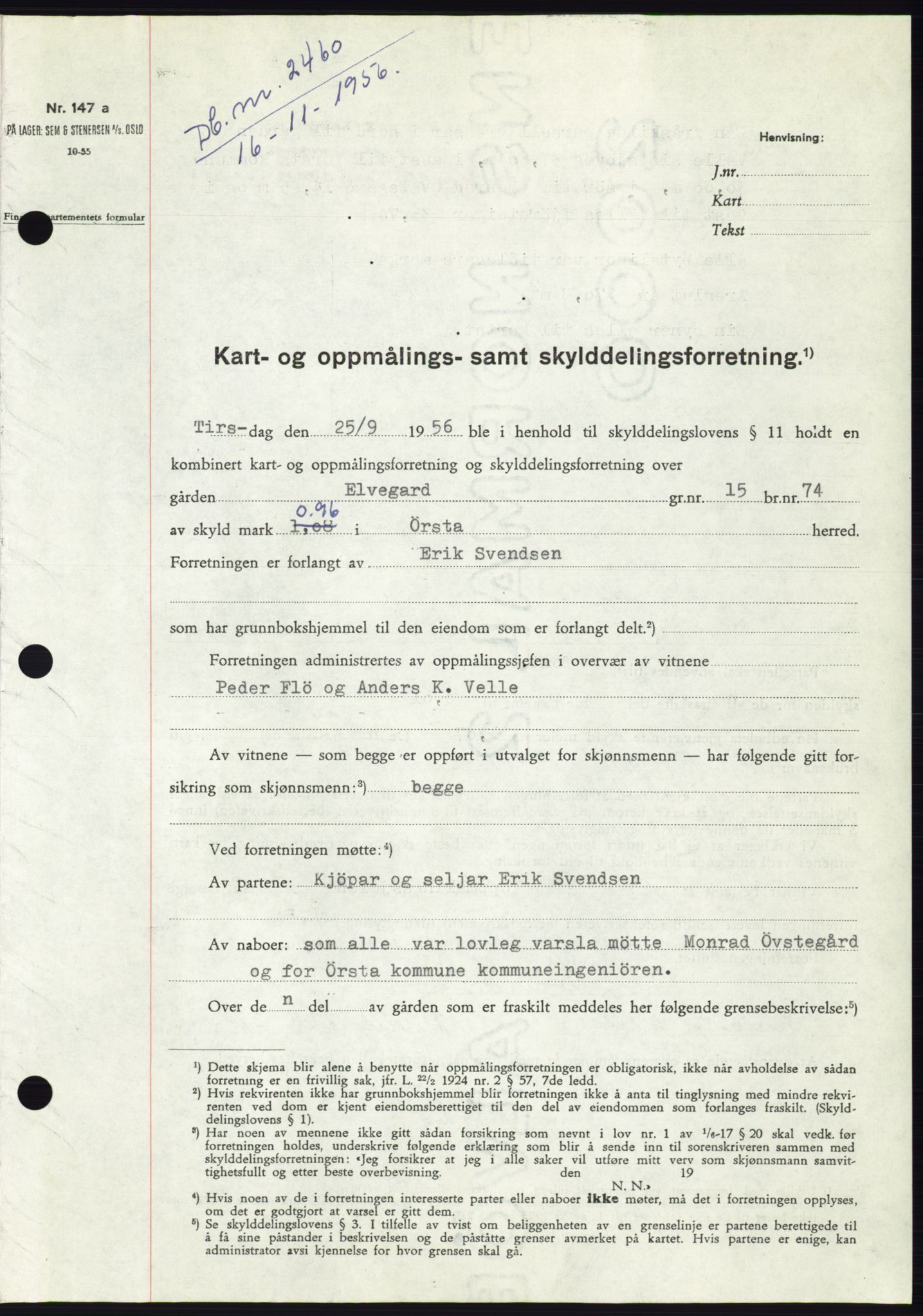 Søre Sunnmøre sorenskriveri, AV/SAT-A-4122/1/2/2C/L0105: Mortgage book no. 31A, 1956-1957, Diary no: : 2460/1956