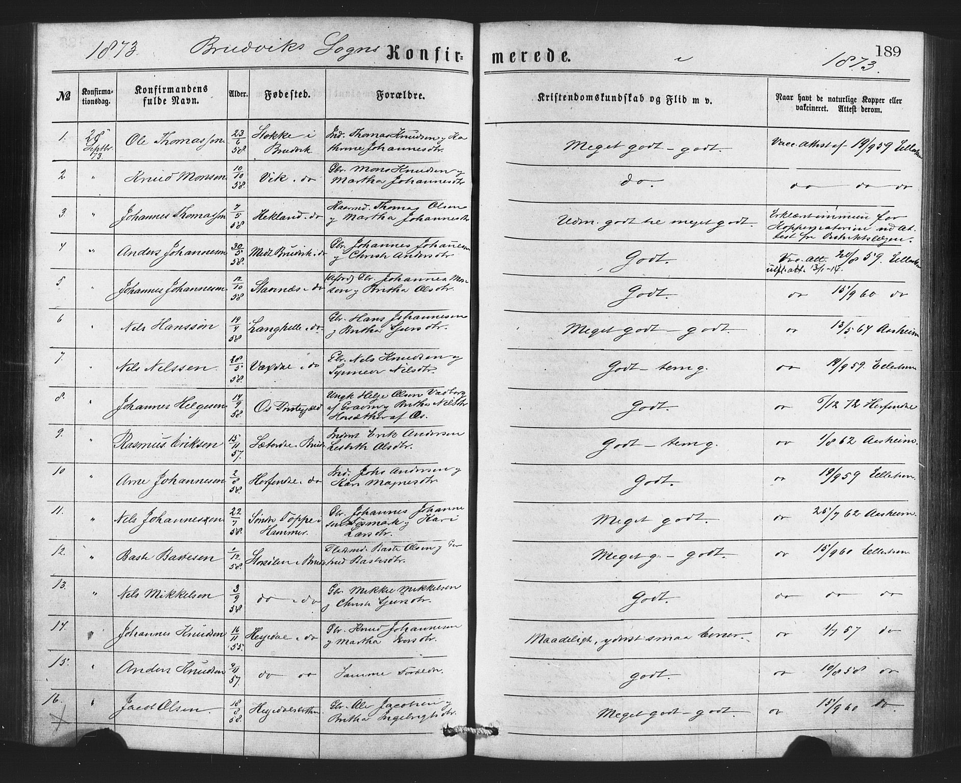 Bruvik Sokneprestembete, SAB/A-74701/H/Haa: Parish register (official) no. A 1, 1869-1877, p. 189
