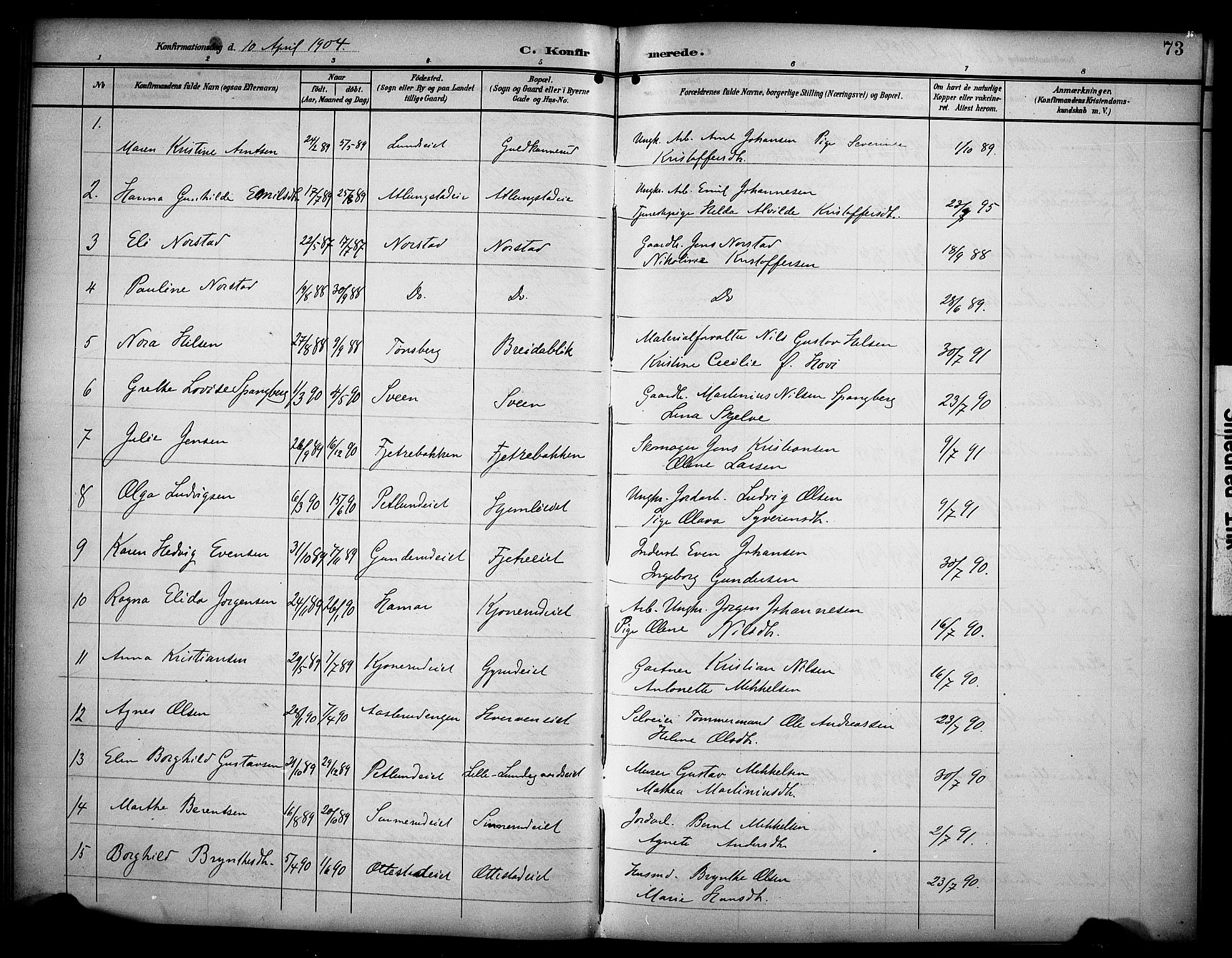Stange prestekontor, SAH/PREST-002/K/L0022: Parish register (official) no. 22, 1903-1914, p. 73