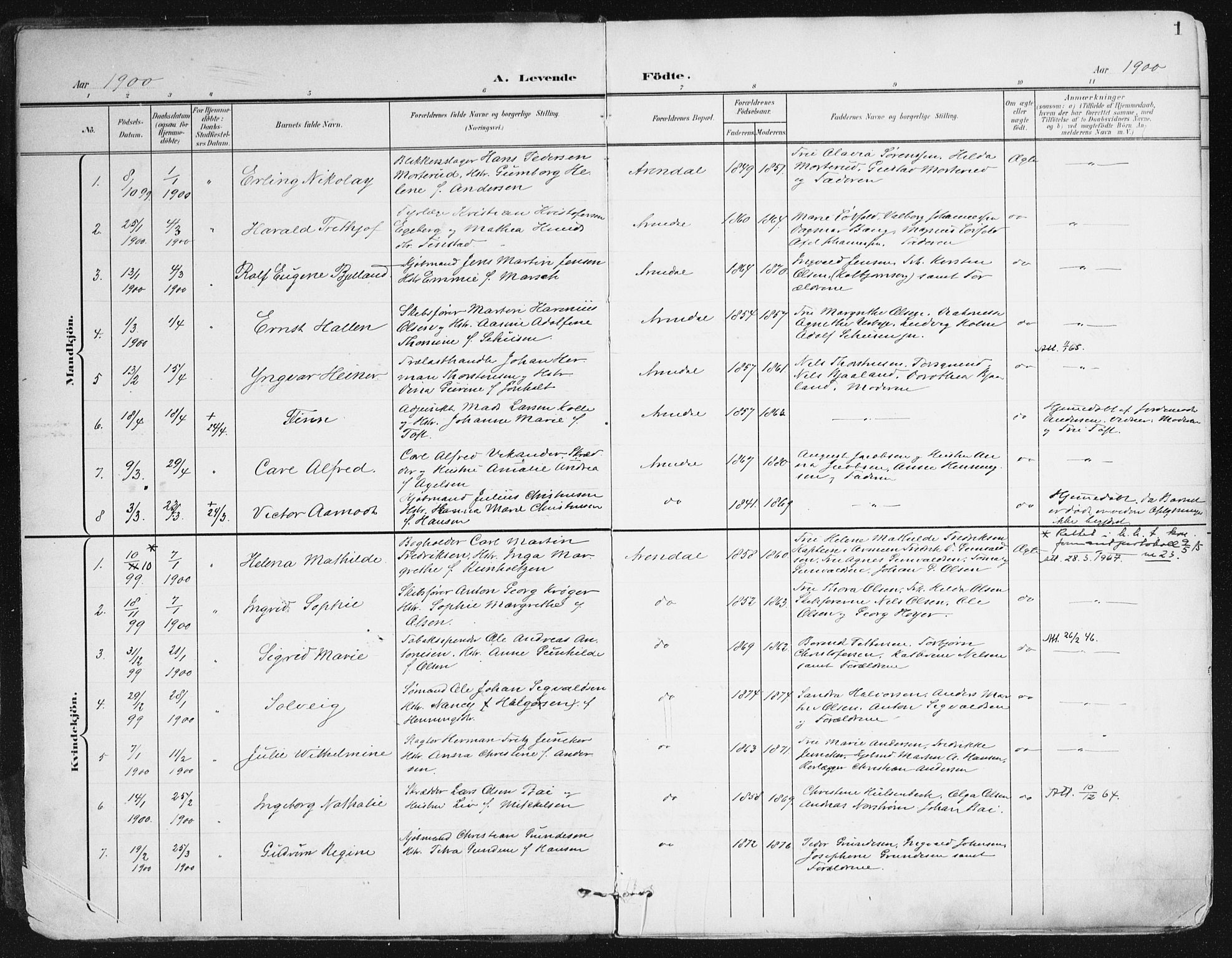 Arendal sokneprestkontor, Trefoldighet, SAK/1111-0040/F/Fa/L0010: Parish register (official) no. A 10, 1900-1919, p. 1