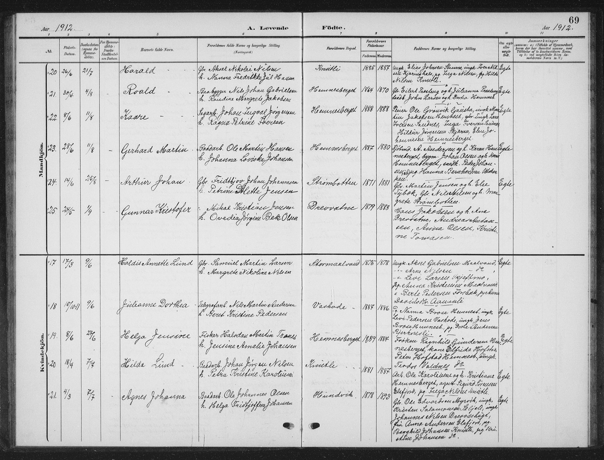 Ministerialprotokoller, klokkerbøker og fødselsregistre - Nordland, AV/SAT-A-1459/825/L0370: Parish register (copy) no. 825C07, 1903-1923, p. 69