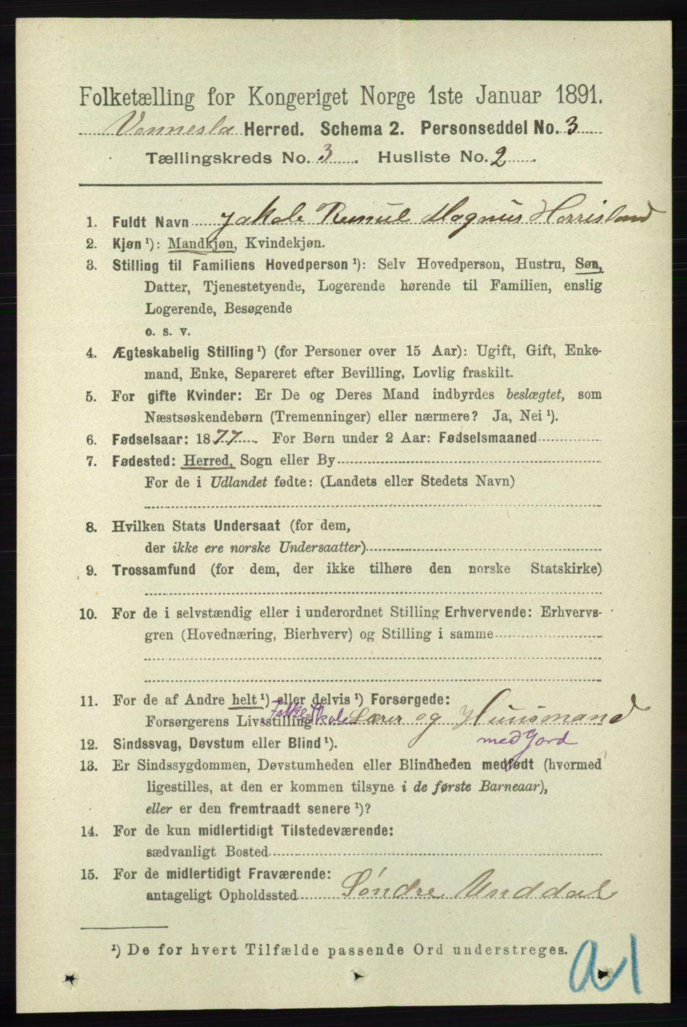 RA, 1891 census for 1014 Vennesla, 1891, p. 646