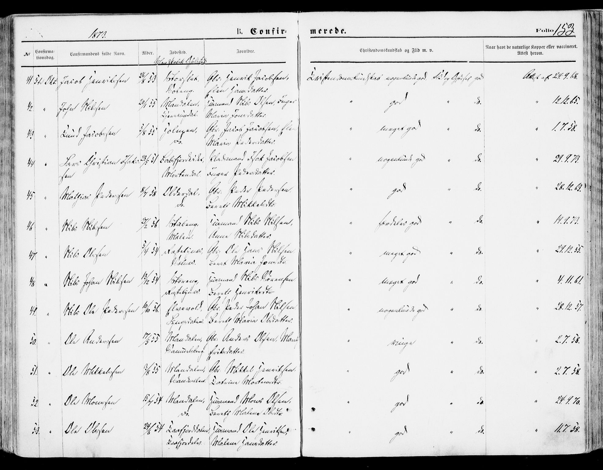 Lyngen sokneprestembete, AV/SATØ-S-1289/H/He/Hea/L0006kirke: Parish register (official) no. 6, 1870-1878, p. 153
