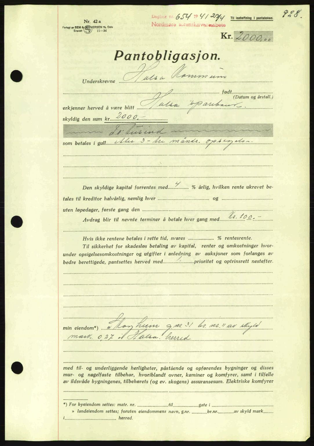 Nordmøre sorenskriveri, AV/SAT-A-4132/1/2/2Ca: Mortgage book no. B87, 1940-1941, Diary no: : 654/1941