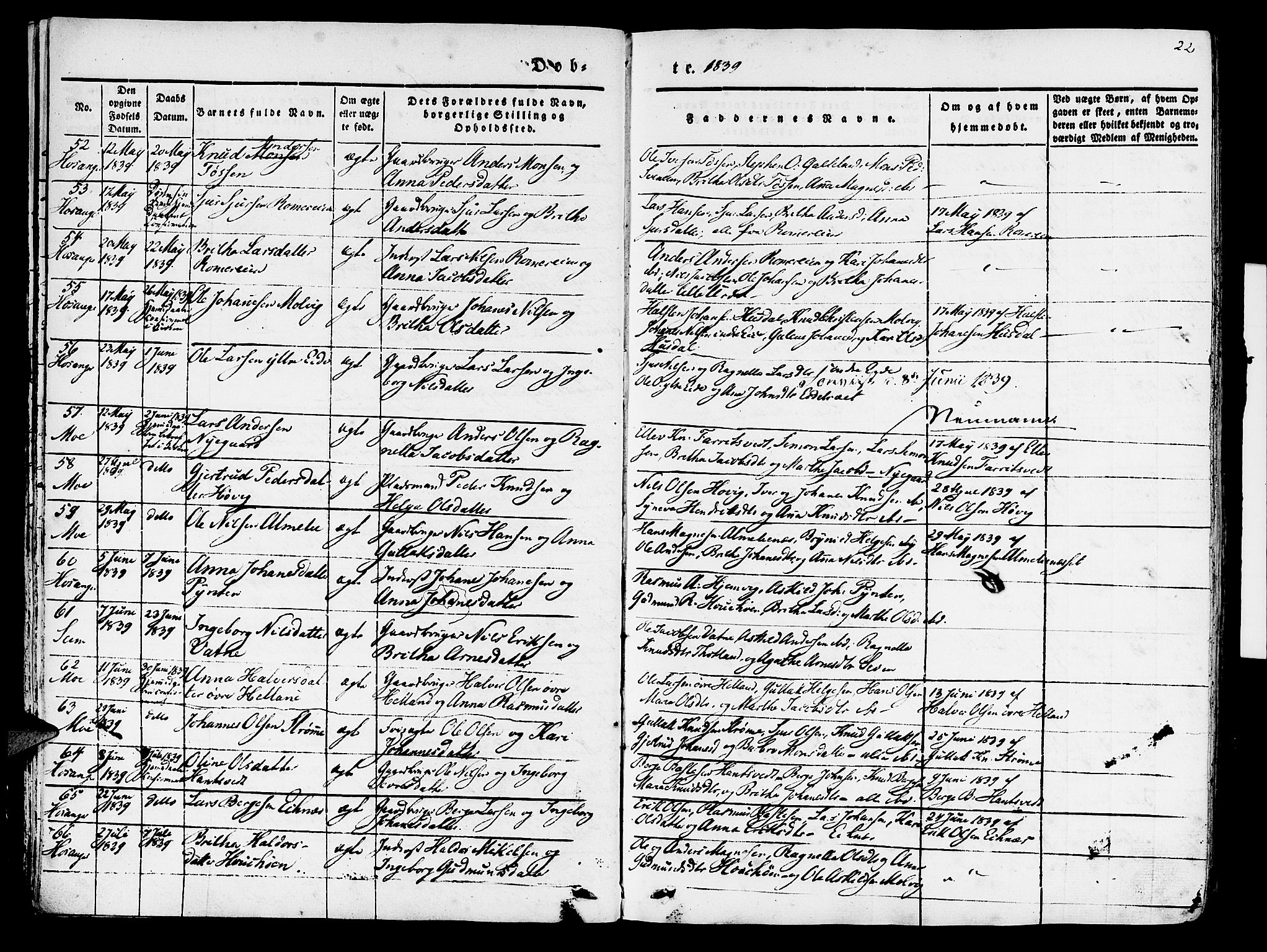 Hosanger sokneprestembete, SAB/A-75801/H/Haa: Parish register (official) no. A 7, 1835-1848, p. 22