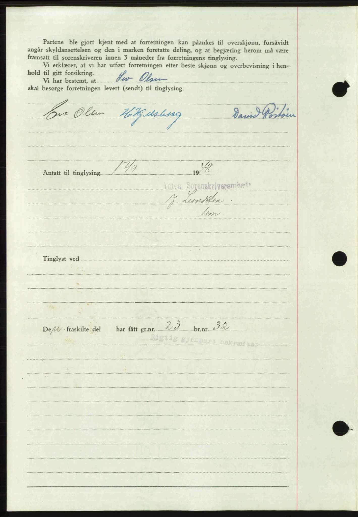 Toten tingrett, SAH/TING-006/H/Hb/Hbc/L0020: Mortgage book no. Hbc-20, 1948-1948, Diary no: : 3009/1948