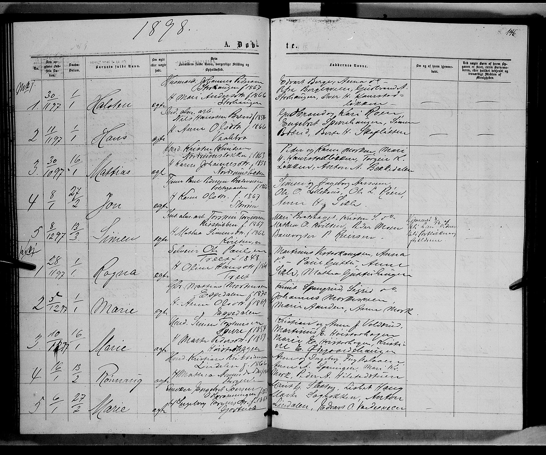 Ringebu prestekontor, SAH/PREST-082/H/Ha/Hab/L0006: Parish register (copy) no. 6, 1880-1898, p. 146