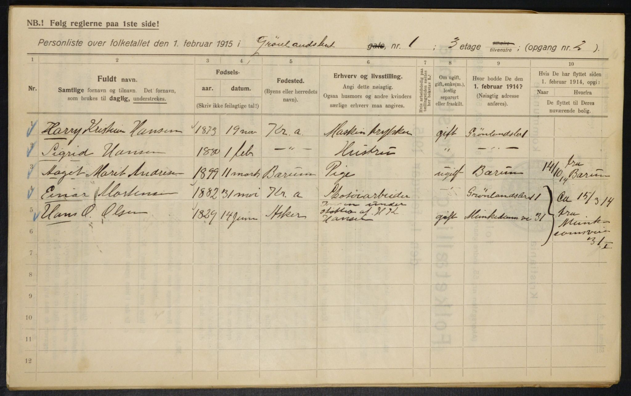 OBA, Municipal Census 1915 for Kristiania, 1915, p. 31172