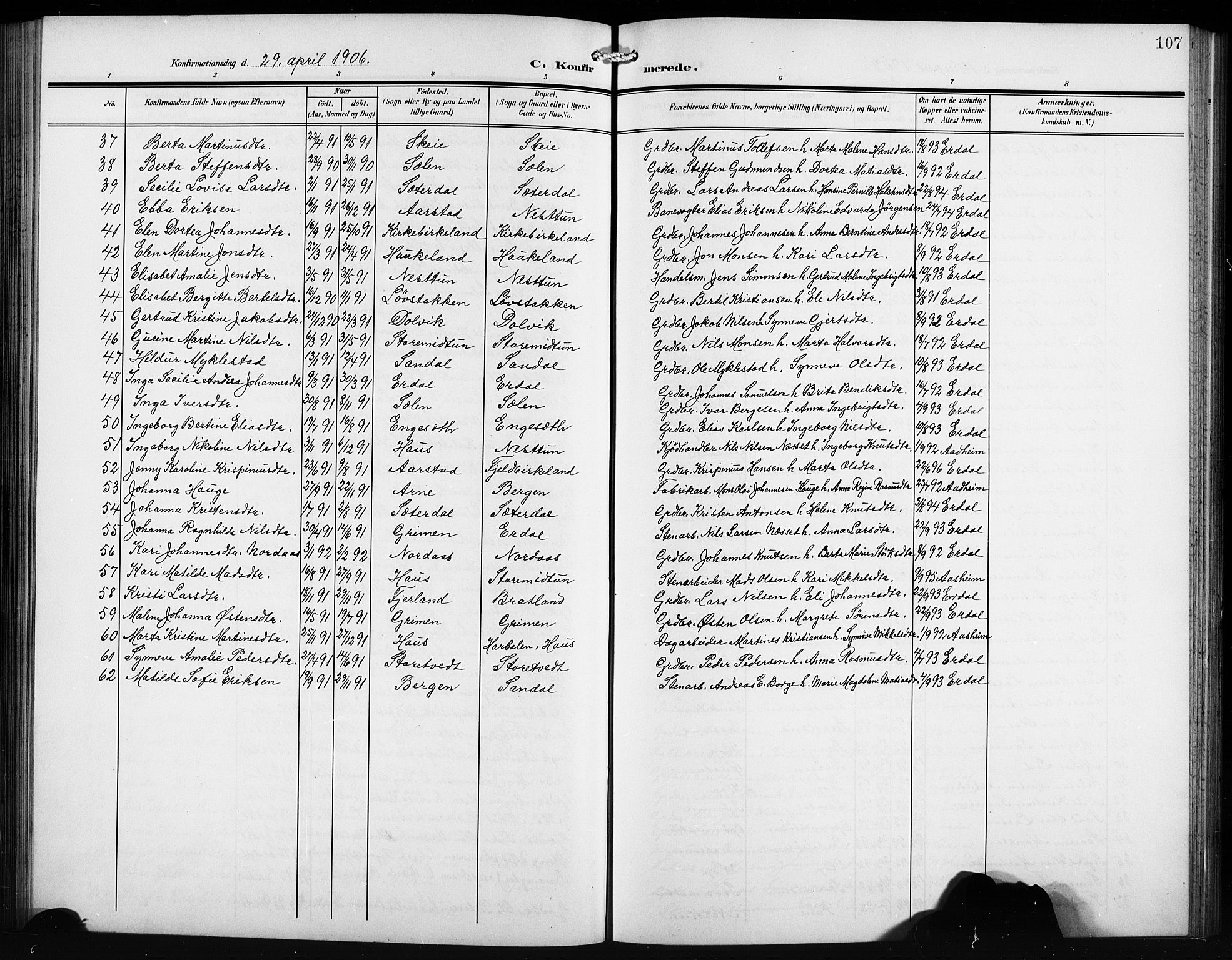Birkeland Sokneprestembete, AV/SAB-A-74601/H/Hab: Parish register (copy) no. A 6, 1906-1915, p. 107