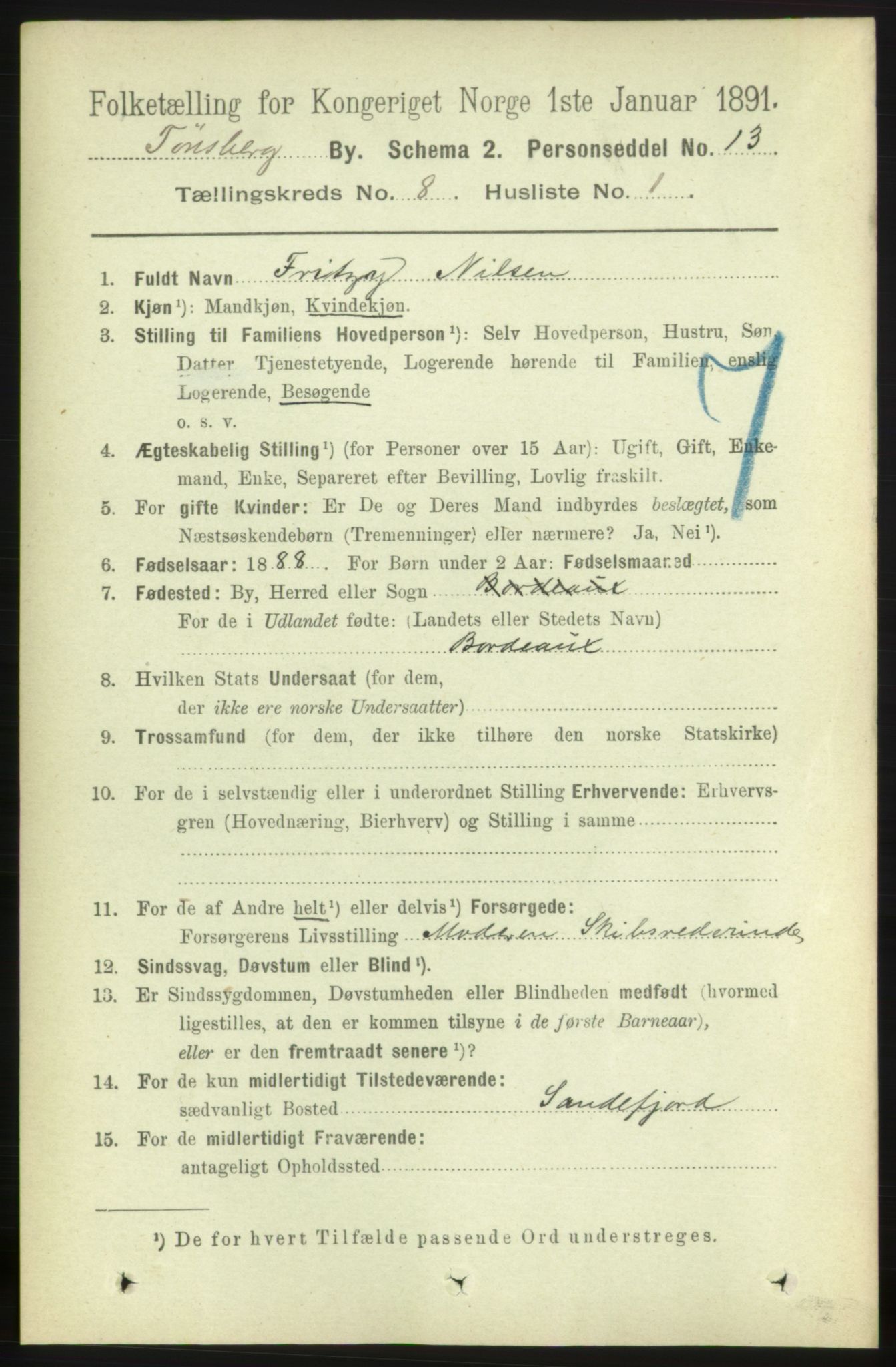 RA, 1891 census for 0705 Tønsberg, 1891, p. 3063