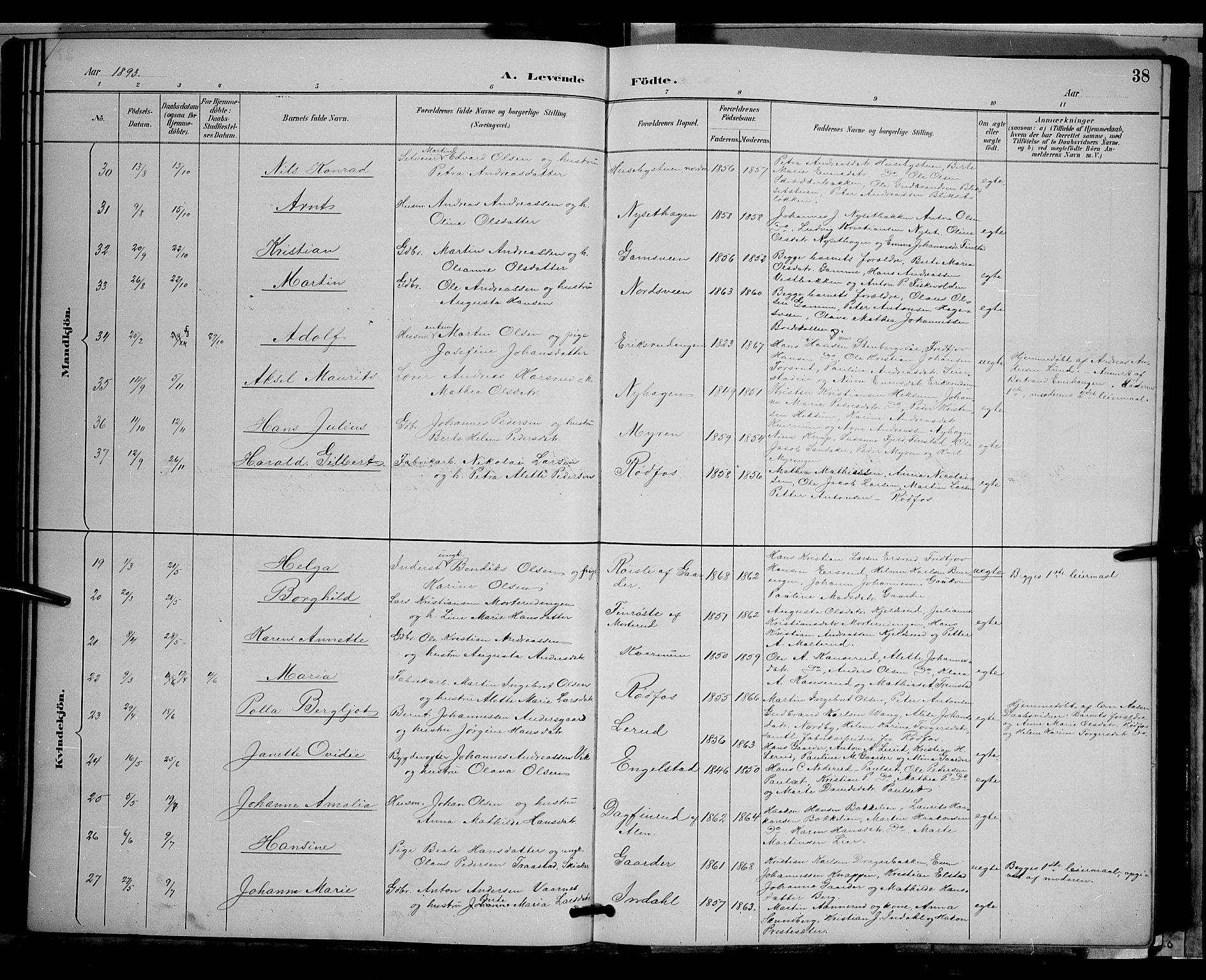 Vestre Toten prestekontor, AV/SAH-PREST-108/H/Ha/Hab/L0009: Parish register (copy) no. 9, 1888-1900, p. 38