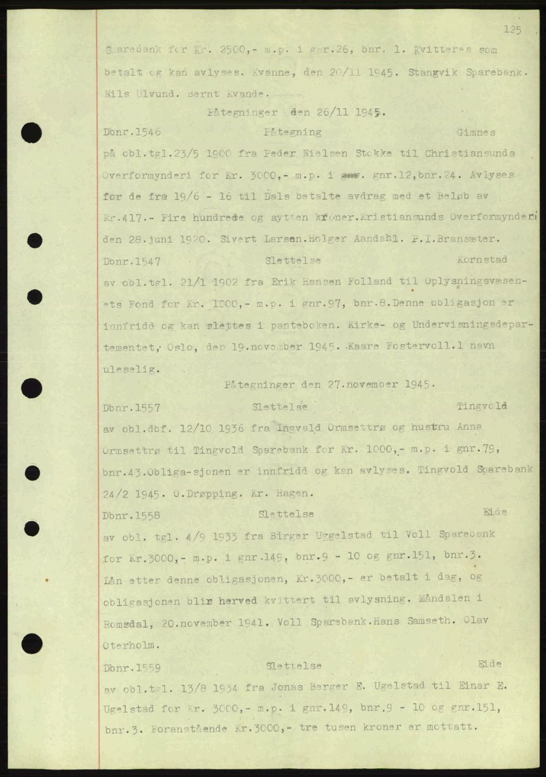 Nordmøre sorenskriveri, AV/SAT-A-4132/1/2/2Ca: Mortgage book no. C82a, 1945-1946, Diary no: : 1546/1945