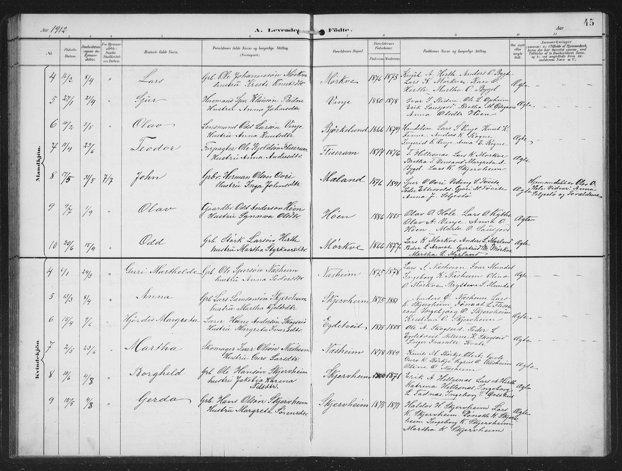 Vossestrand Sokneprestembete, SAB/A-79101/H/Hab: Parish register (copy) no. B 4, 1894-1941, p. 45
