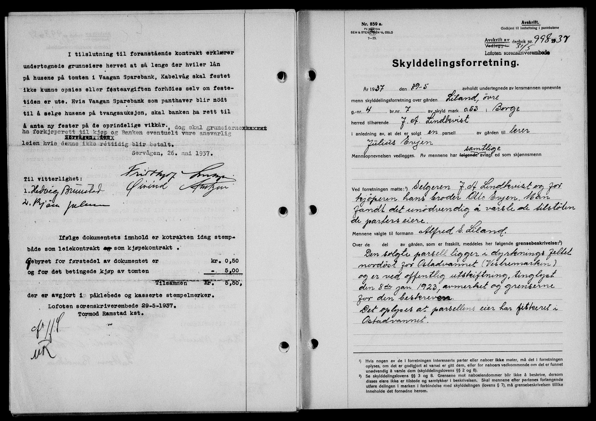 Lofoten sorenskriveri, SAT/A-0017/1/2/2C/L0002a: Mortgage book no. 2a, 1937-1937, Diary no: : 998/1937